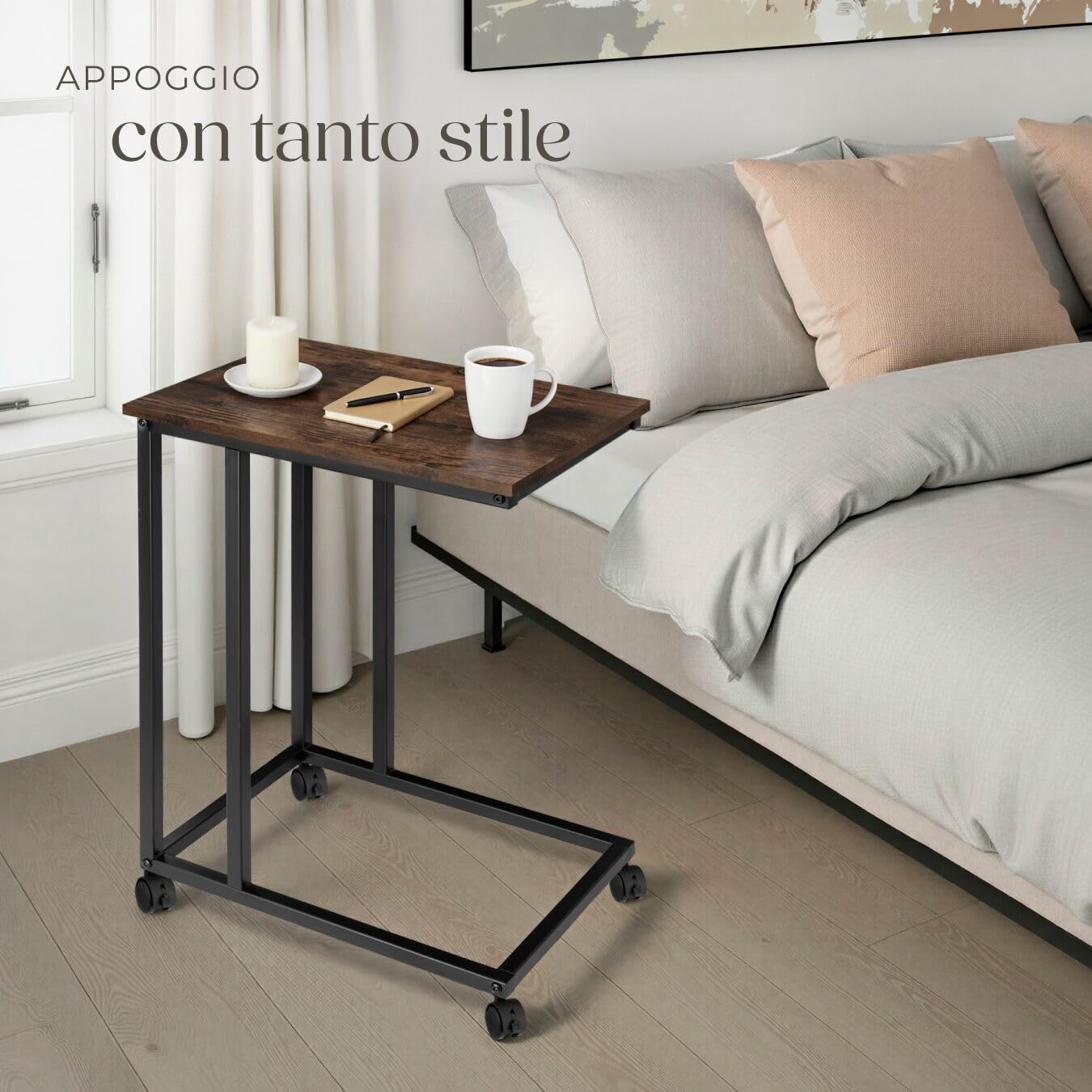 tectake® Tavolino Salotto 48x35x70cm, Tavolino da Divano o Letto, 4 Rotelle, Tavolinetto Divano, Salotto, Camera per Libri, Laptop, Piante, Snack e Bevande, Casa, Ufficio - Legno Industriale Scuro