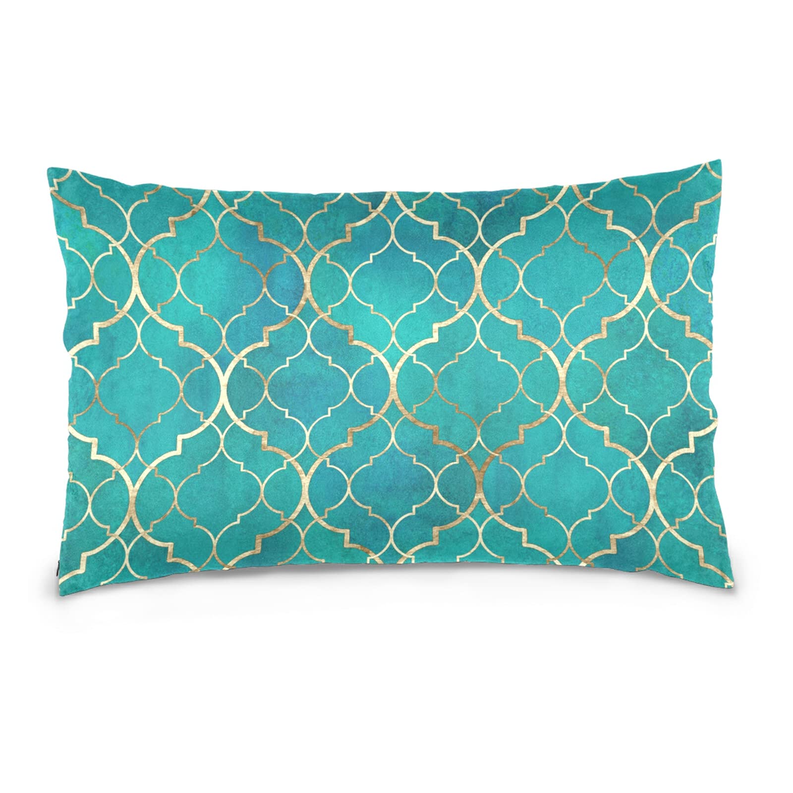 Poeticcity Multi 6 Seamless Green Teal Moroccan Tiles With Golden Gold Geometric Cotton Velvet Pillowcase, Throw Pillow Sham Cushion Case Covers, Soft Breathable Bed Pillow Cases For Car Couch Bed 20X30 Inches