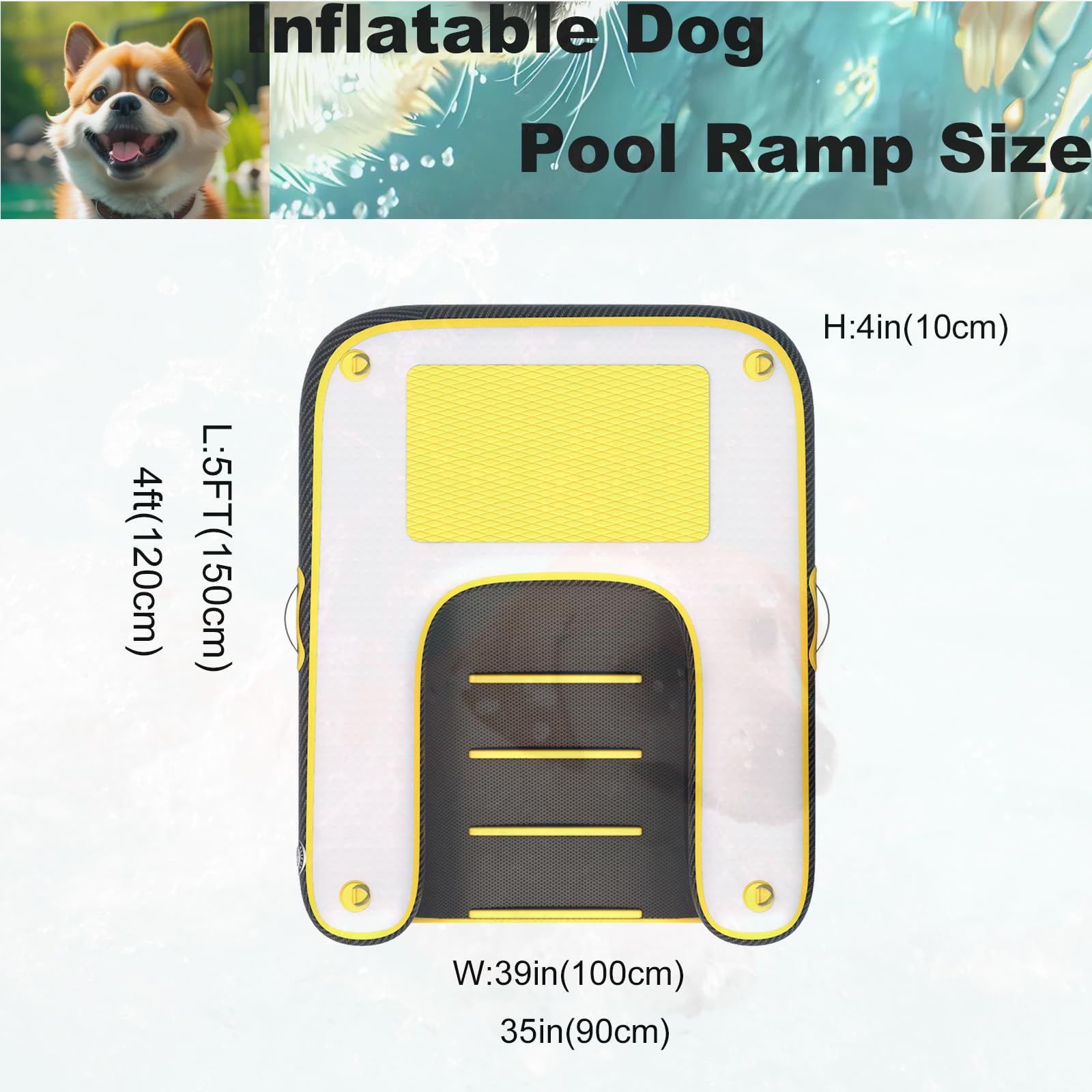 Rampa gonfiabile per cani e barca, scaletta per sport acquatici, piattaforma galleggiante per piscina, animali domestici, scaletta gialla 1,2 x 0,9 x 10,2 cm