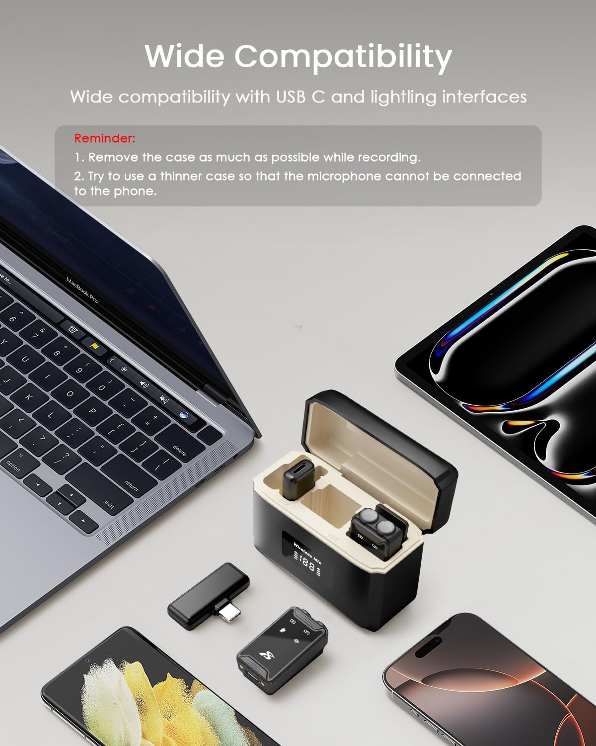 PQRQP Mini Microphone for iPhone, Android(Lightning/USB C), 80 H Battery Life, Hi-Fi Audio, 48kHz/24-bit, Wireless Microphones with Noise Cancellation for Video Recording, Streaming, 164ft Range