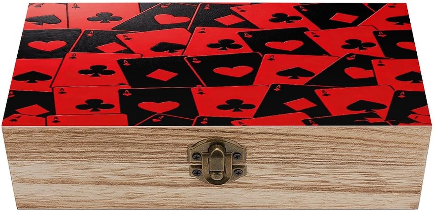 Playing Cards Red Black Ace Wooden Storage Box 7.9" X 3.9" X 2.3"