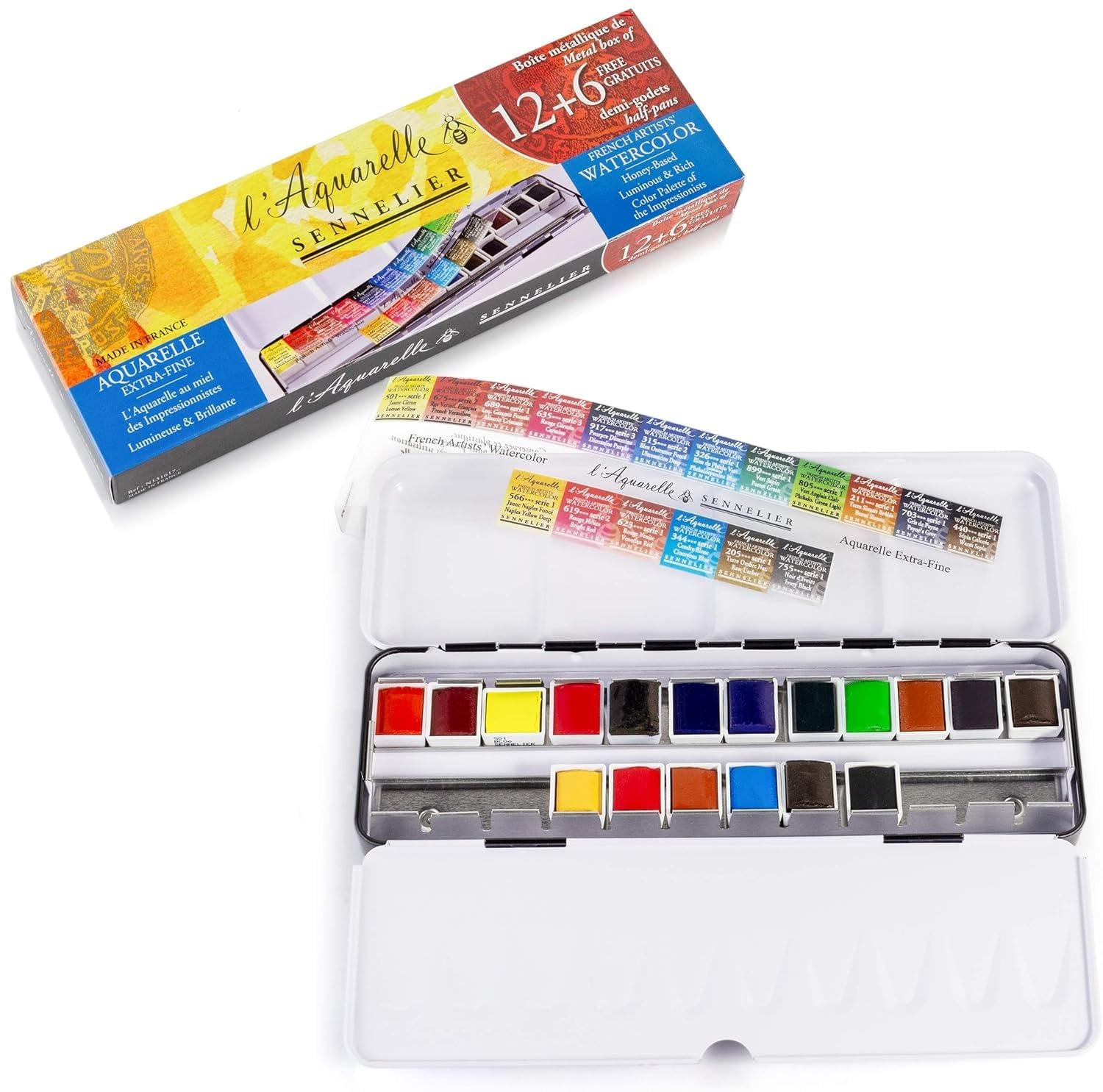Sennelier Boîte de Peinture Aquarelle Extra-Fines, 18 Demi-Godets Métal + Pinceau