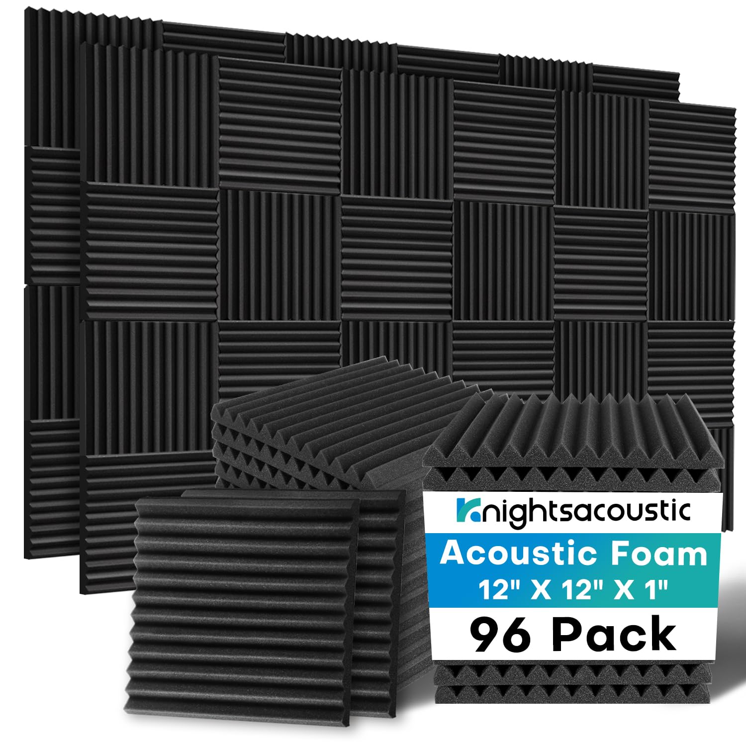 Knightsacoustic 96 Pack Sound Proof Foam Panels for Walls, 1 X 12 X 12 Inches Acoustic Foam Panels, High Density Acoustic Panels Sound Absorbing, Black Noise Cancelling Studio Wedges