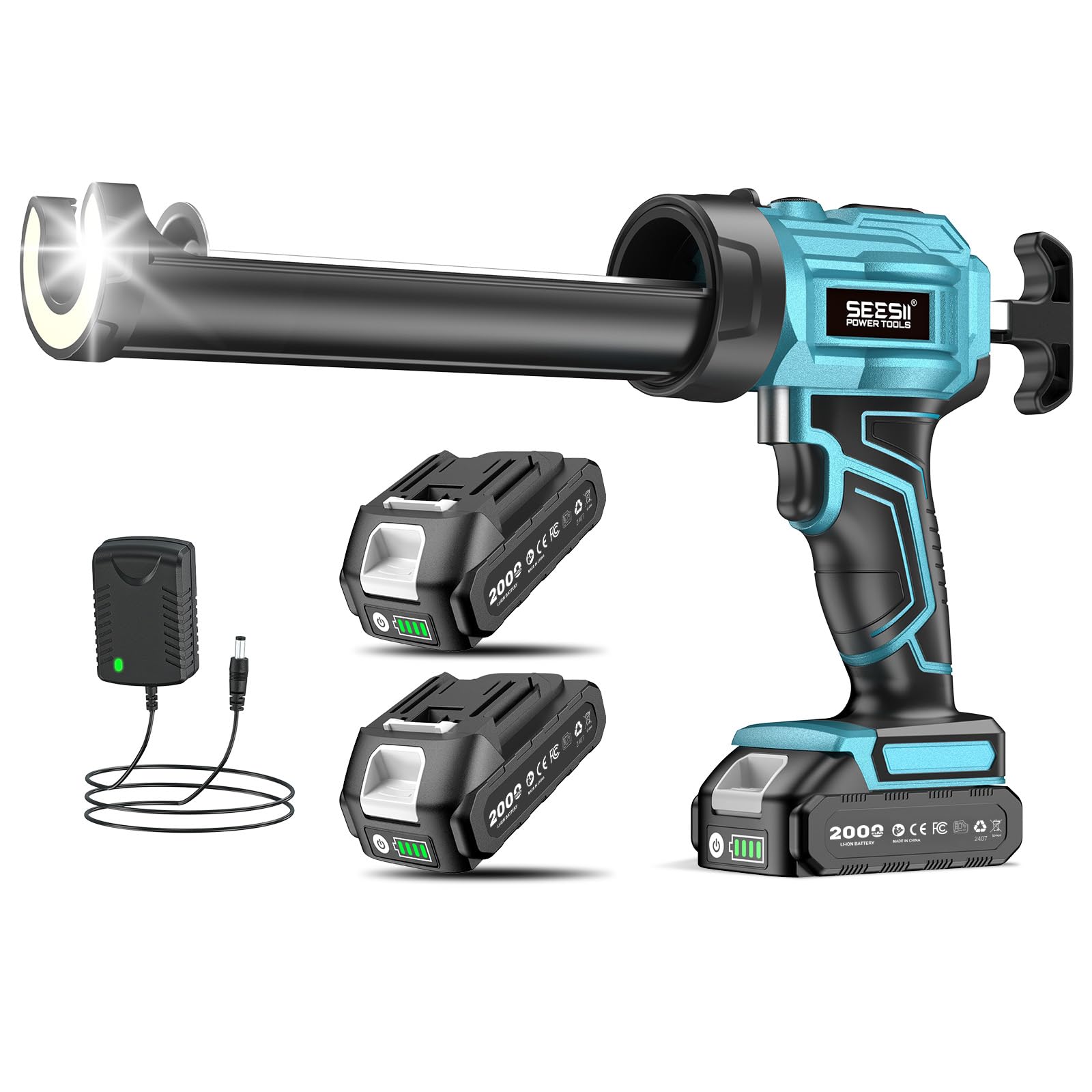 SEESII Akku-Kartuschenpistole Kompatibel mit Makita 18V Akku, Elektrische Kartuschenpresse mit 2 x 2000 mAh Akkus, LED-Licht, Silikonpistole Akku für 300 ml-Kartuschen (Blau)