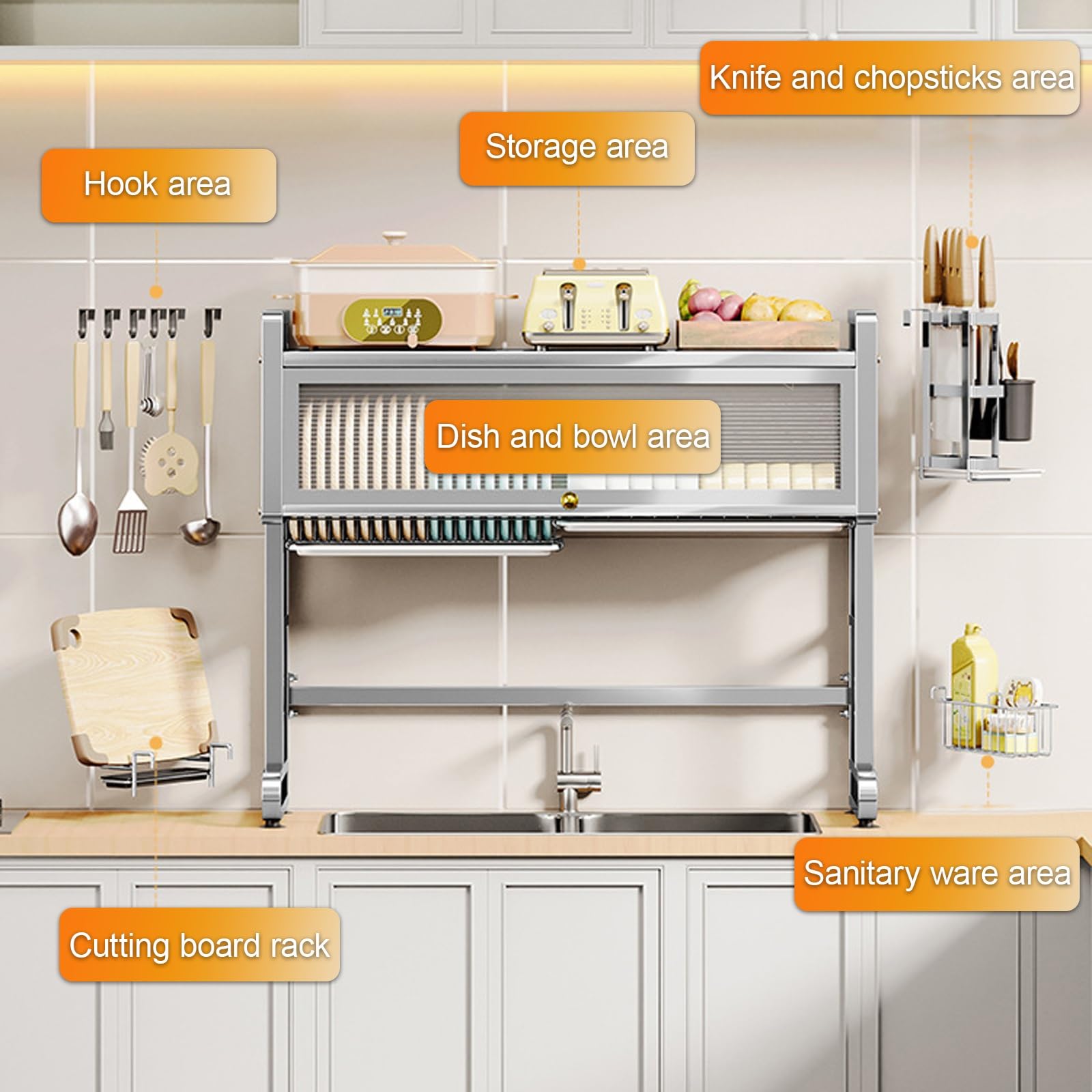 Escurreplatos de acero inoxidable para fregadero, soporte multifuncional para utensilios de cocina y estante de secado que ahorra espacio para encimeras (30.3 x 27.2 pulgadas), duradero y resistente