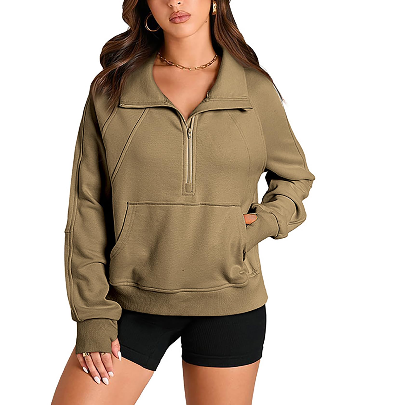 cffvdiz Mujeres 1/2 Zip Sudadera Manga Larga Cuello Canguro Bolsillo Sólido Corto Suelta Jersey Tops