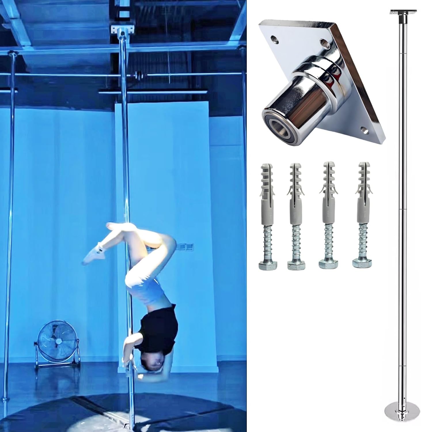 Professional 45mm Removable Dance Pole Kit, Adjustable Spinning & Static Stripper Pole for Home Fitness, Dance Studio, Height 7.3ft-10.6ft (2.23-3.24m)