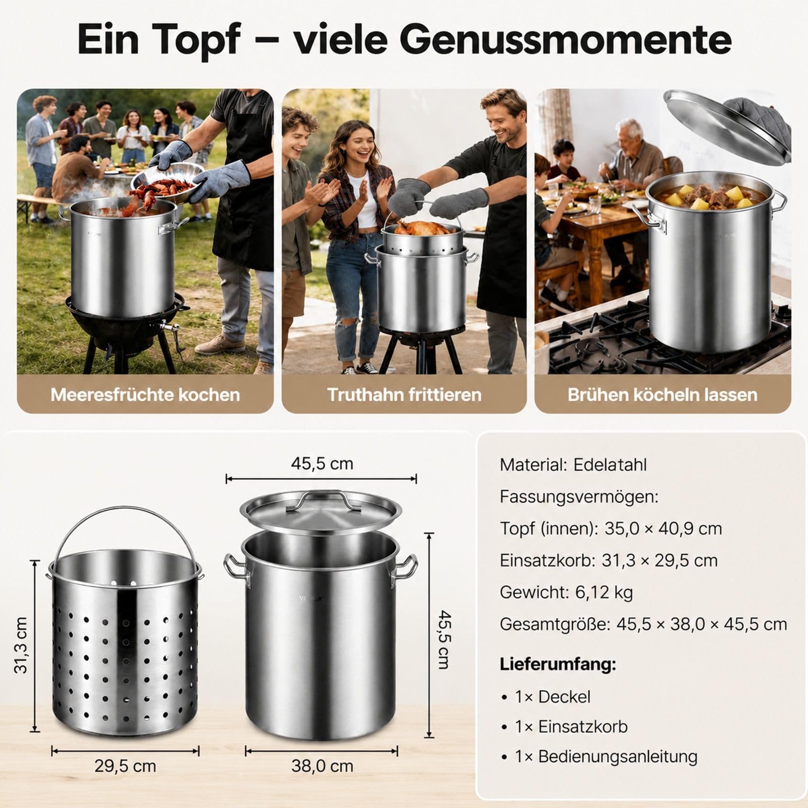 Edelstahl Kochtopf mit Deckel, Griffen und Siebeinsatz, für Küche, Restaurant und Veranstaltungen