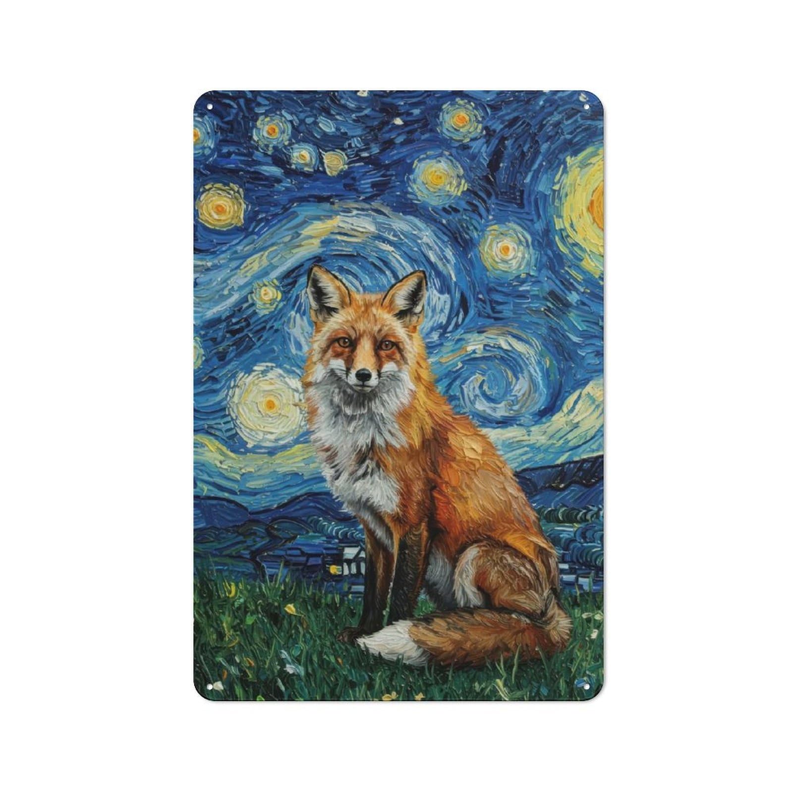 Junmoney Fox In Starry Night Style Painting Classic Metal Wall Plaque 30X20cm Featuring Creative Space Decor For Workspace, Cafe, Shop Or Desk Area