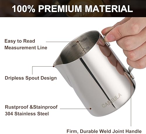 Miniatura 23 de Jarra de espuma de leche, jarra de espuma de leche de acero inoxidable de 12 onzas, jarra de vapor para barra de café, capuchino, accesorios para A1
