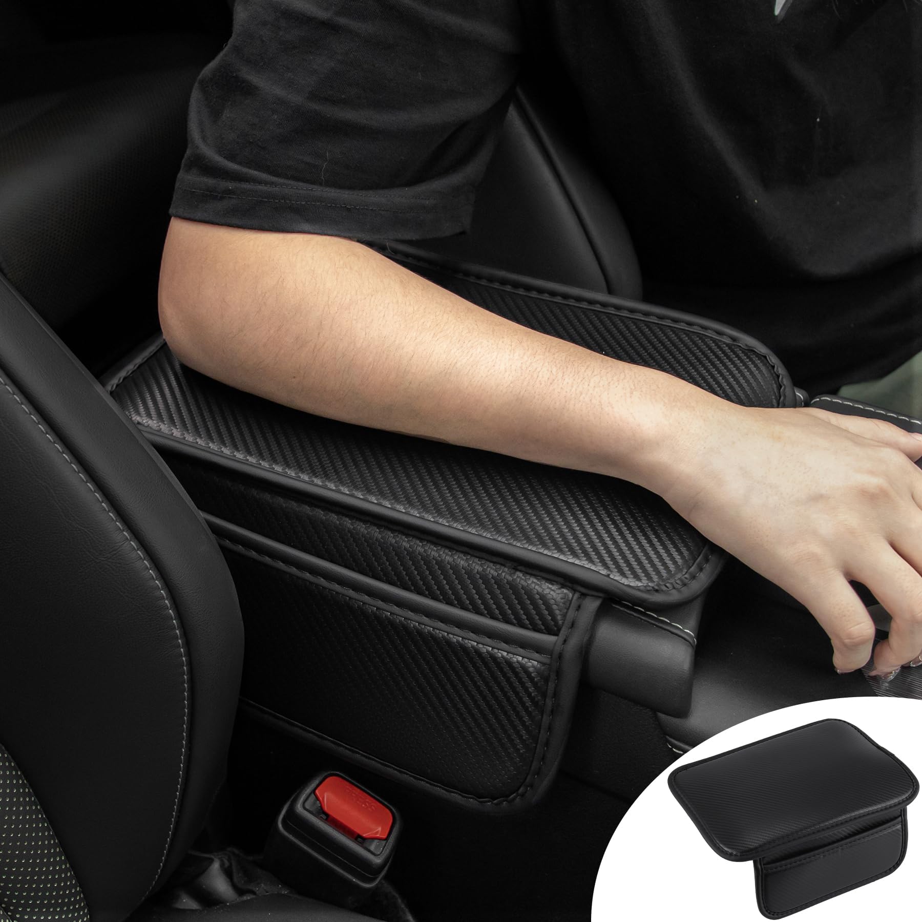 AmissAuto Center Console Pad, Carbon Fiber PU Leather Armrest Storage Box Cover with Pockets Storage Bag, Car Interior Accessories, Universal Car Armrest Cushion for Most Vehicle, SUV, Truck (Black)