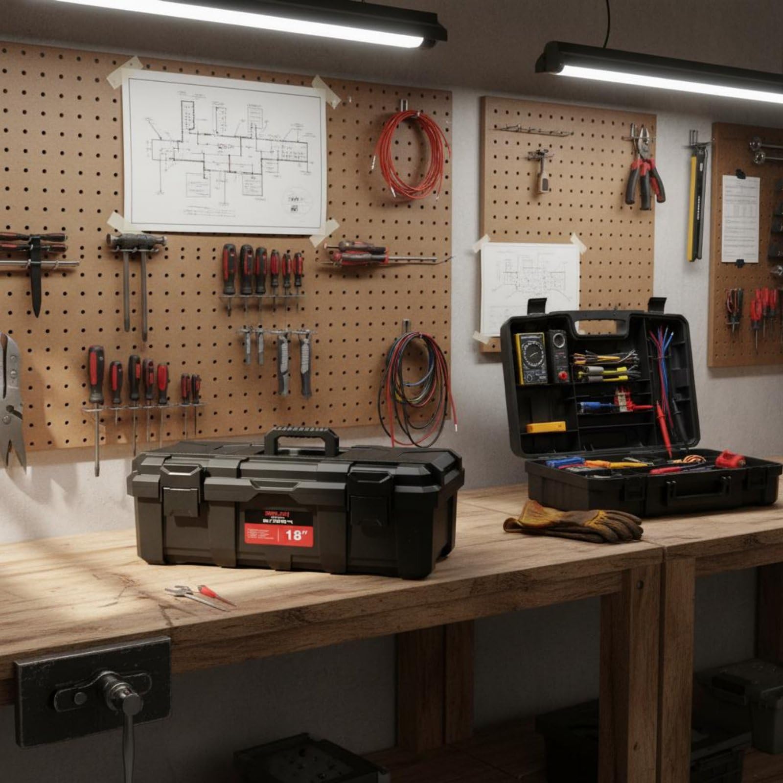 Contenitore per Attrezzi Scatola Organizer Cassettiera Valigetta Portautensili in PP Rinforzato per Officina, 20 Pollici, Fibbia In Plastica + Scatola Portaoggetti