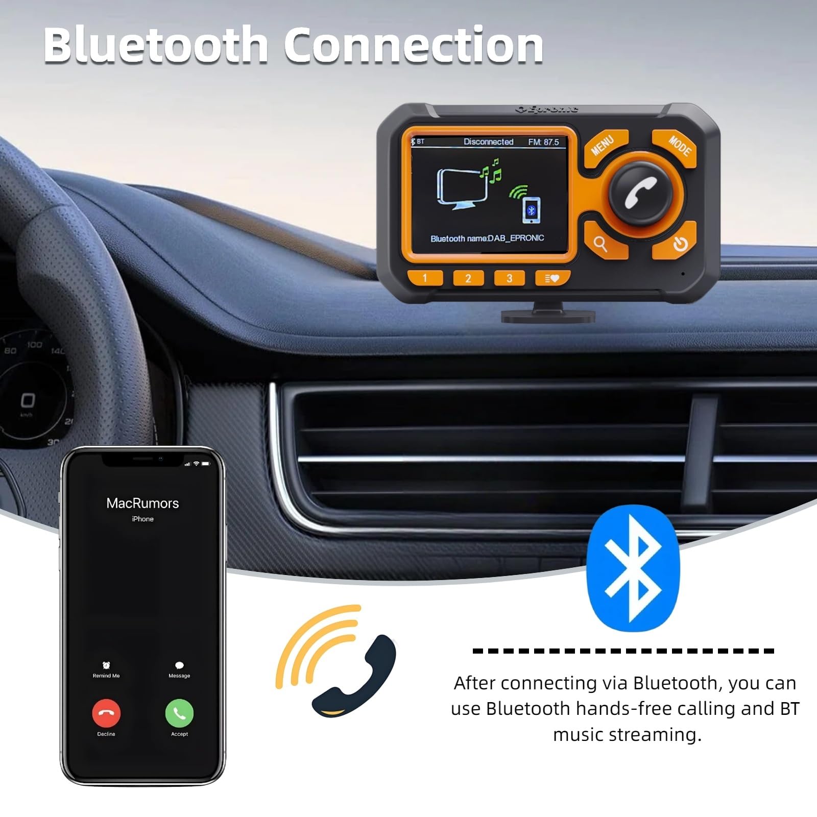 DAB Radio Adapter Plug & Play DAB Adapter für Autoradio mit Bluetooth Freisprecheinrichtung 2,4-Zoll LCD Display Tragbares DAB+ Digitalradio mit Aux-Out, TF Play FM Transmitter