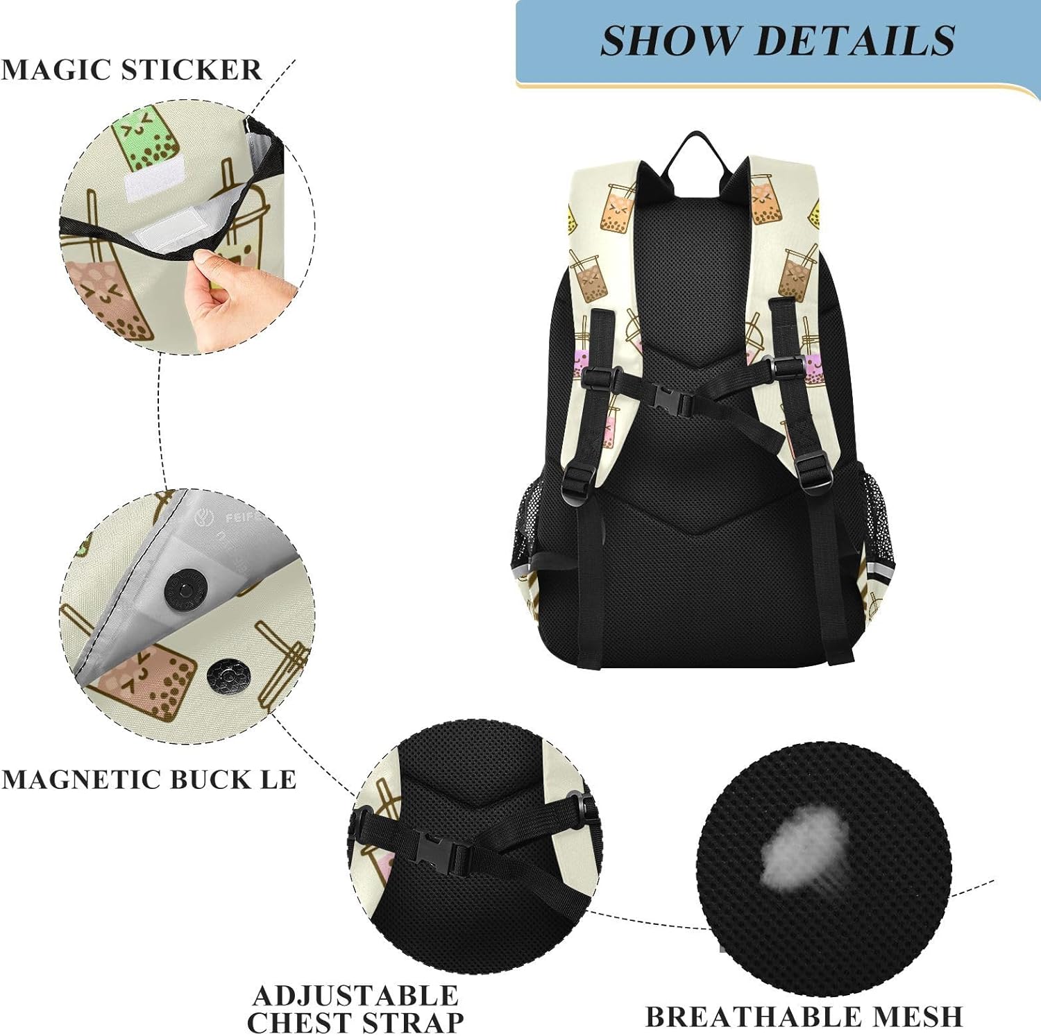 Bubble Milk Tea Funny Backpack Girls Boys Elementary School Bags Bookbags Laptop Backpack Travel Daypack Safe Reflective Stripes