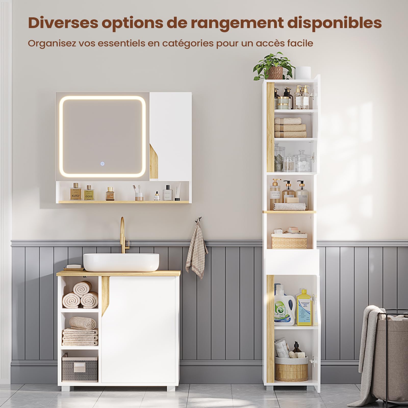 Meuble Colonne Salle de Bain, Meuble de Rangement avec Étagères Réglables, Tiroir, 2 Étagères Ouvertes, Armoire Rangement Haute Gain de Place,Armoire de Salle de Bain, 30 x 30 x 180 cm, Blanc