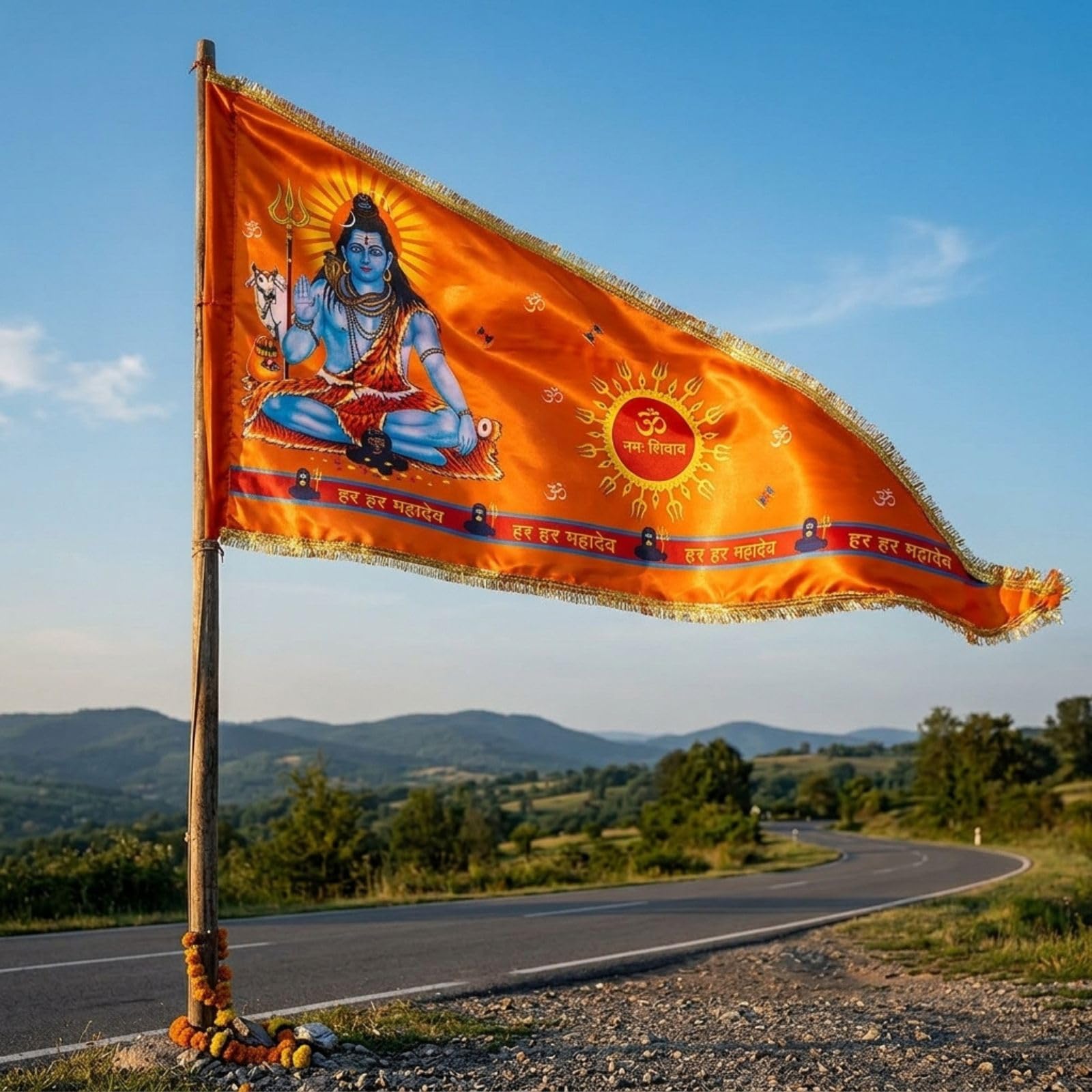 GEJUFF Shiv Ji Flag for Home Temple | Big Size 30x45 Inch | Orange Dhwaj with Om Namah Shivaya Print | Satin Cloth with Golden Gota Border | Har Har Mahadev Hindu Religious Flag (Shiv Flag 30x45)-image-28