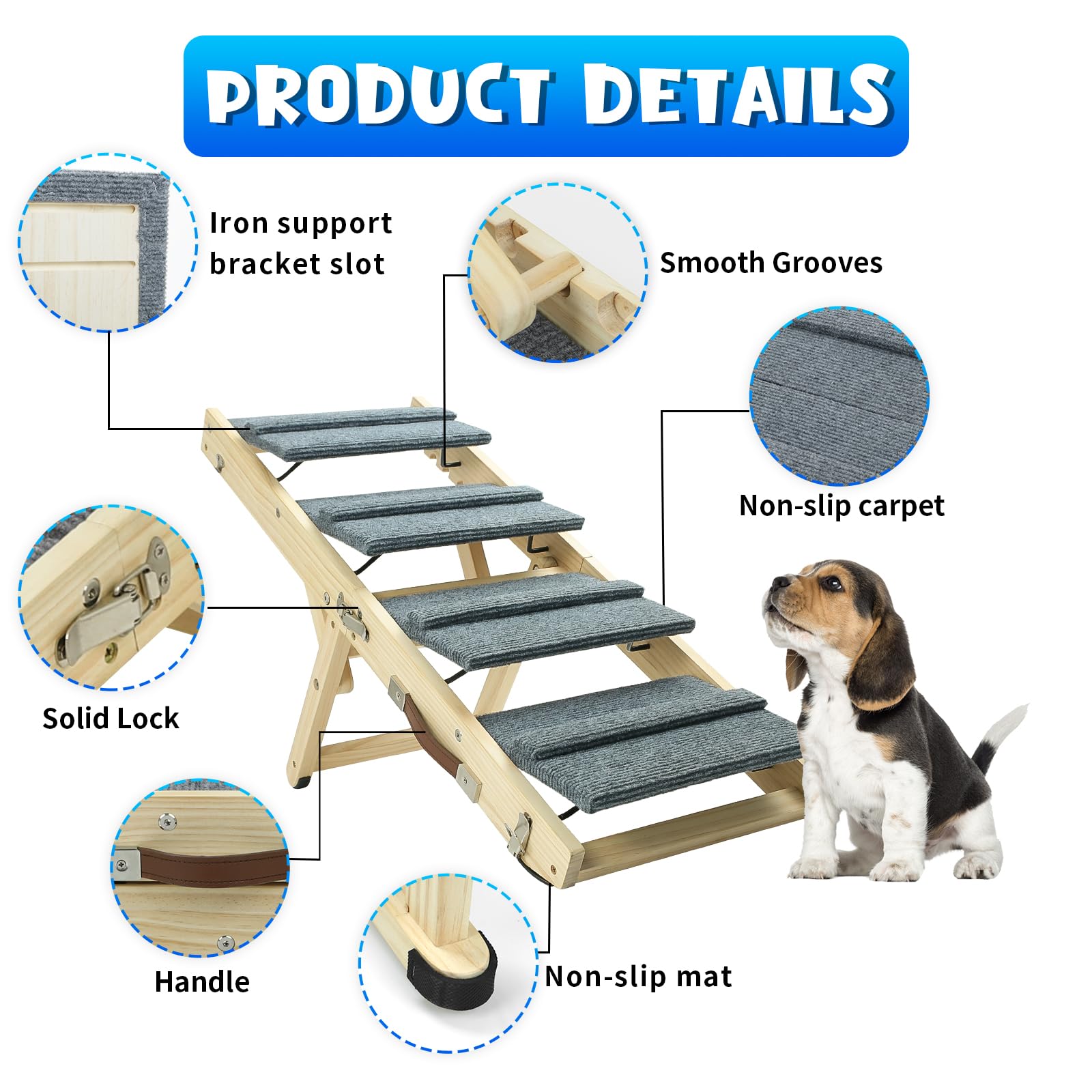 TNELTUEB Dog Ramp, 2-in-1 Foldable Wooden Dog Stairs, 32.6" Long and Adjustable from 8.5" to 18" with Non-Slip Traction Mat, Dog Steps for Bed, Couch, Car, Rated for 30 LBS (Grey)