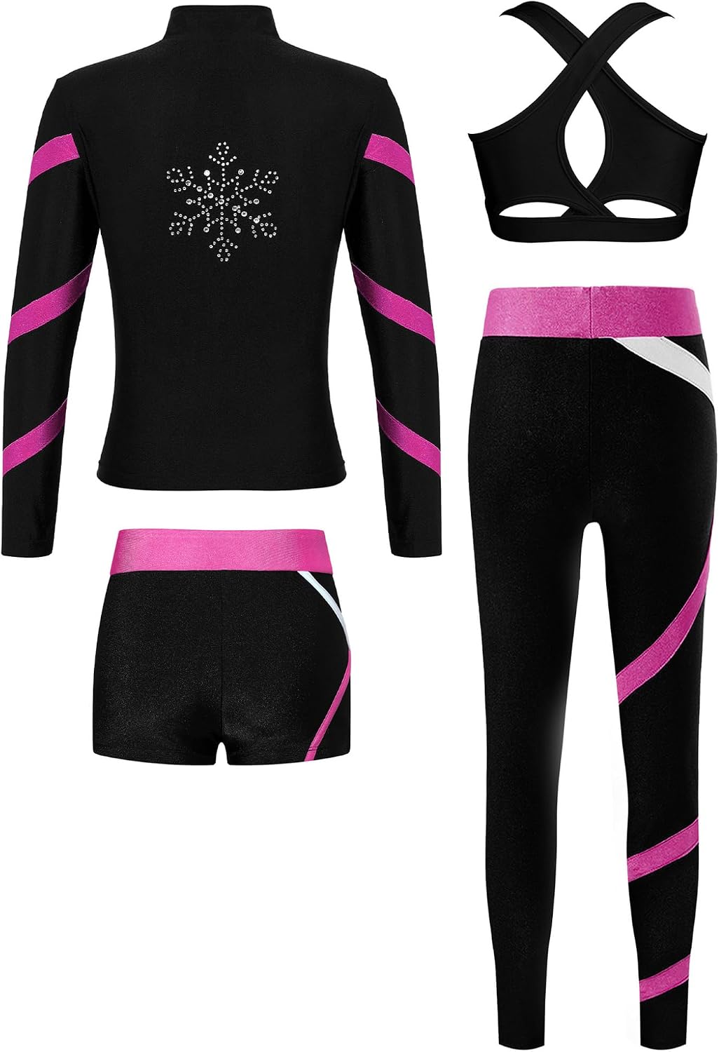 Hansber Kids Girls Long Sleeve Fleece Jacket Sport Bra Gymnastic Leggings with Short Set 4 Pcs Gym Workout Tracksuit