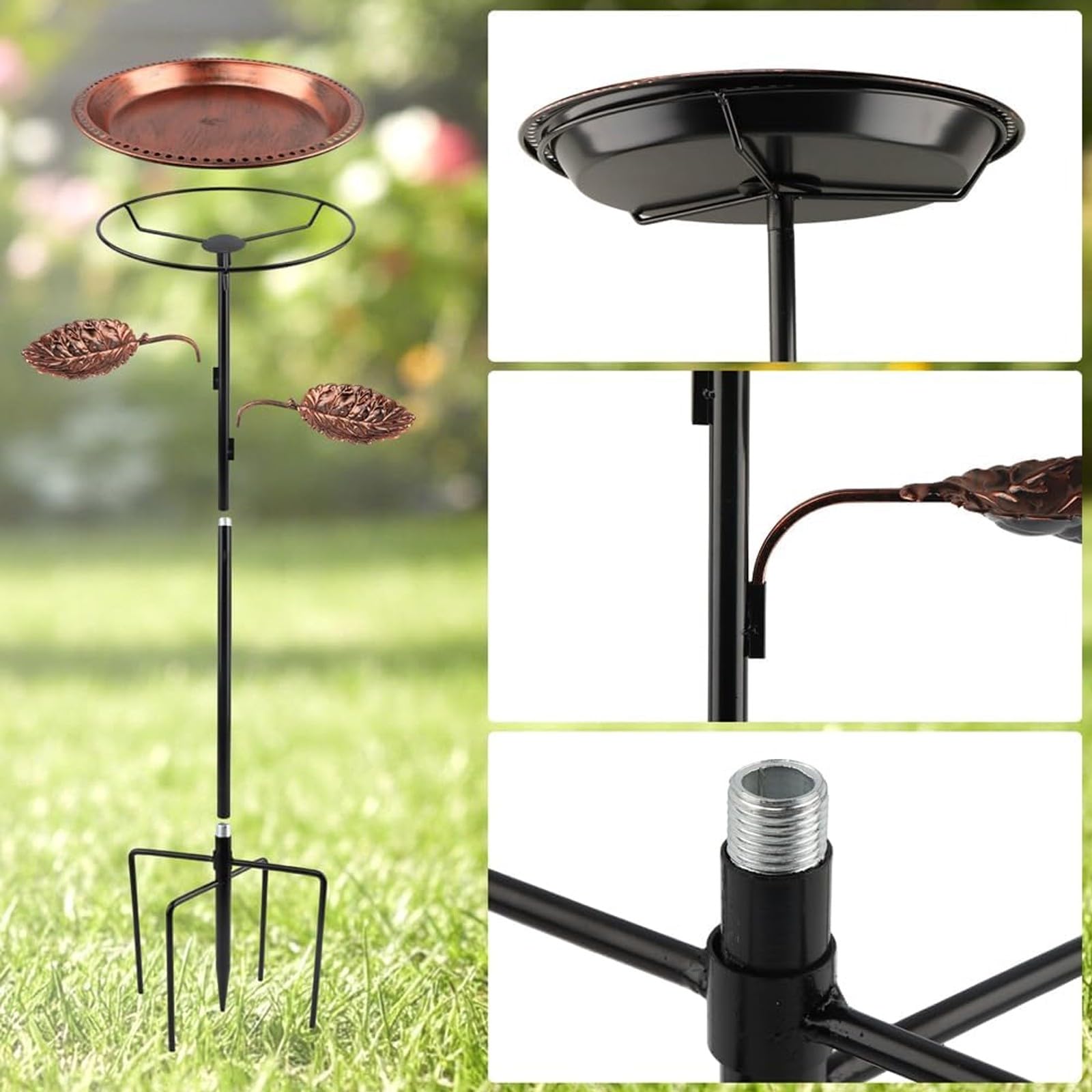 Bain d'oiseaux en MéTal avec 2 Mangeoires pour L'ExtéRieur, Support Vertical pour Jardin(Antique Bronze)