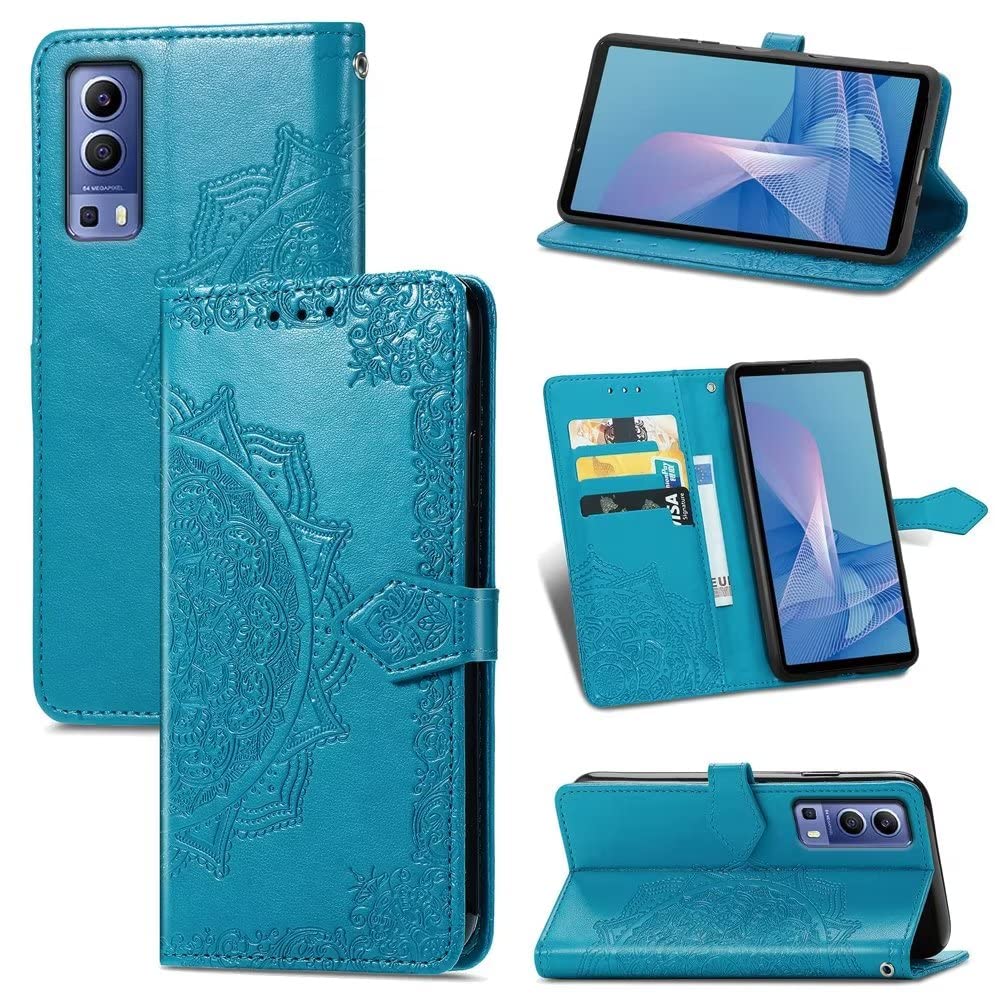 HONLEN Pokrowiec na vivo Y52 5G / vivo Y72 5G, portfel ze skóry PU z klapką magnetyczne zamknięcie, wytłaczana mandala z 3 przegródkami na karty, stojak, etui odporne na wstrząsy