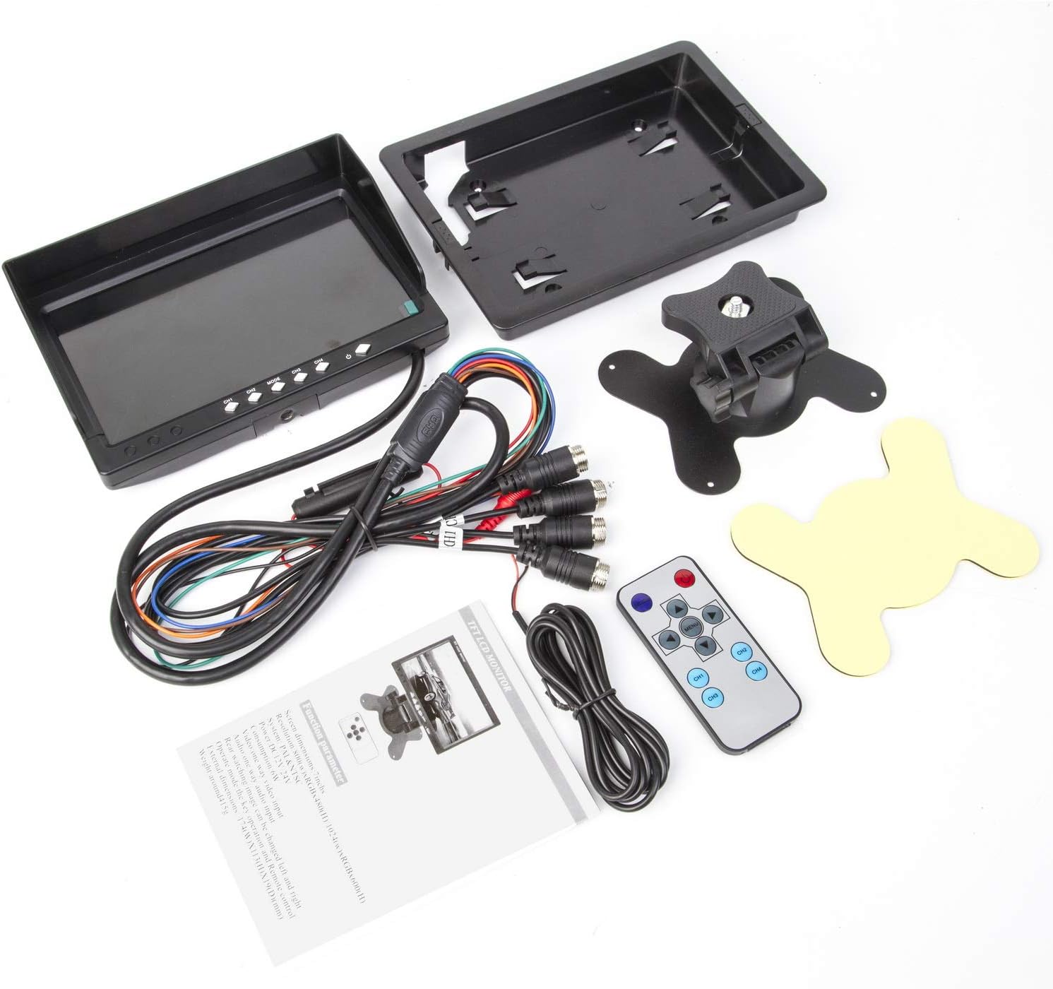 7" TFT LCD Car Rearview Quad Split Monitor,Remote Control, 4 Channels RCA Video Inputs(4-PIN Shockproof Connector) - 12V-24V 800×480HD Screen w/Sunshade Anti-Glare