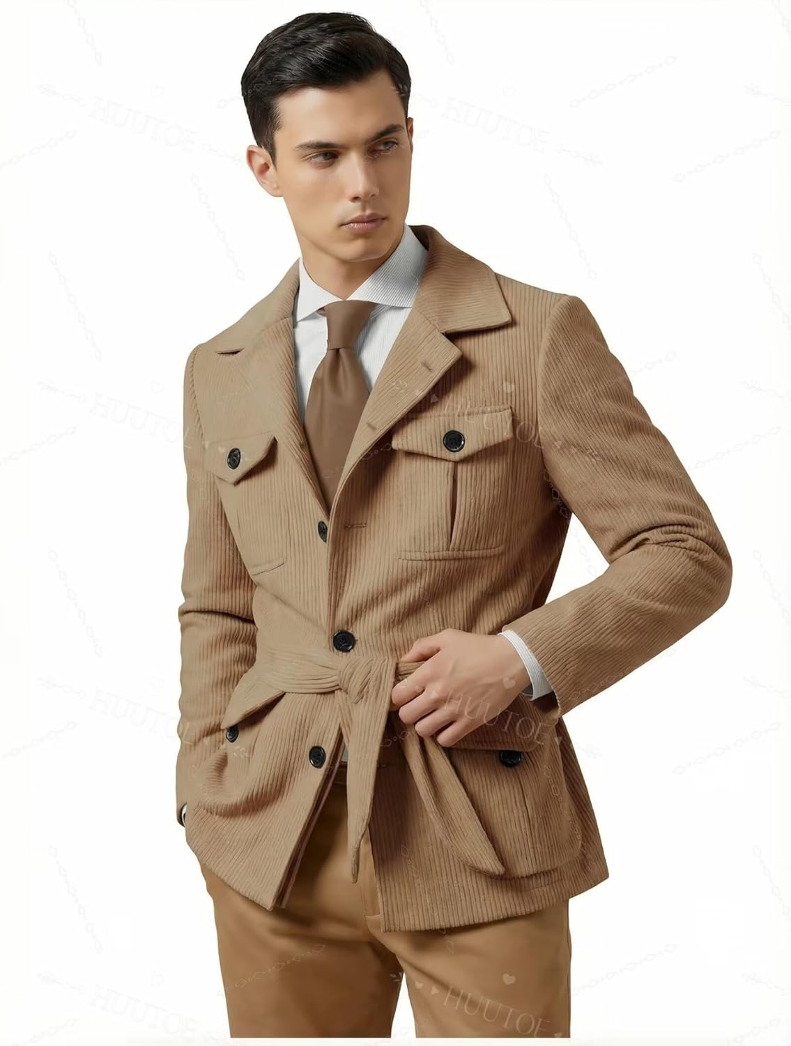 HUUTOE Mens Vintage Corduroy Jacket Safari Button Down Business Blazer Winter Jacket Sport Coat in Utility 5 Pockets - Image 2