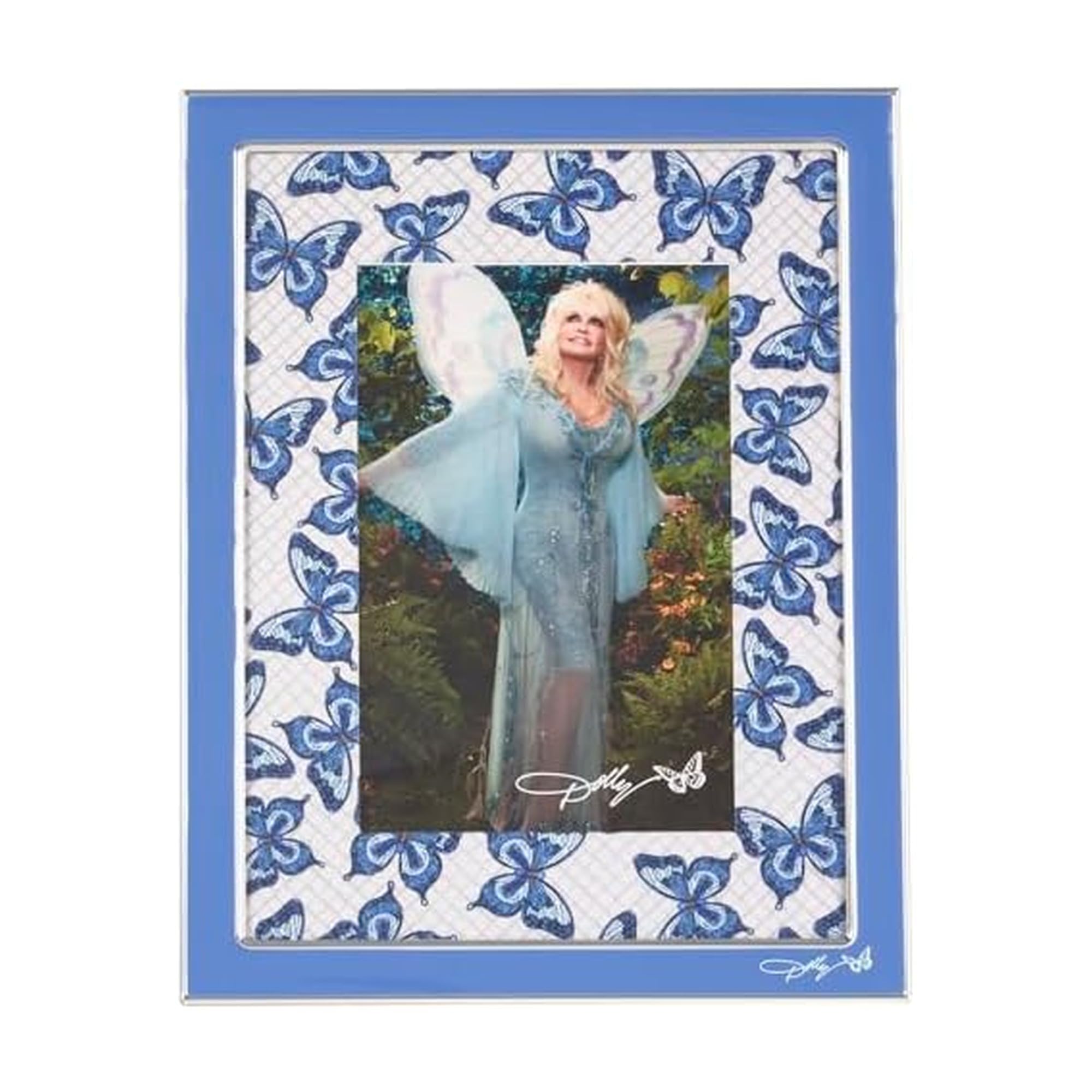 dolly parton 6.81x8.81x0.47 inch blue butterfly enamel photo frame, displays one 4x6 photo