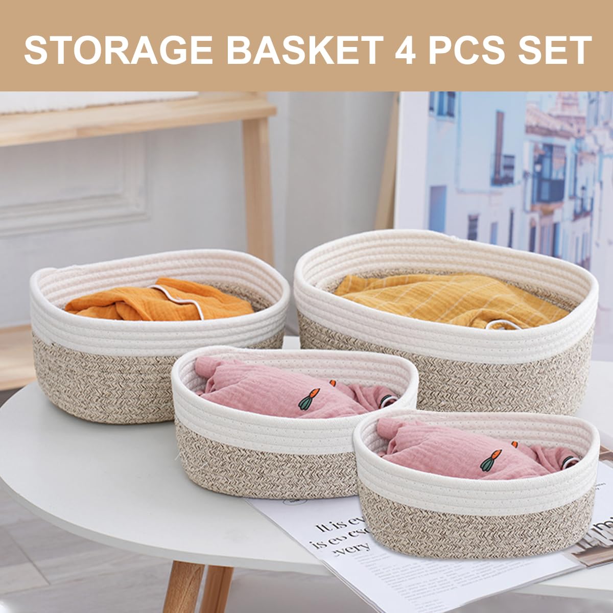 Set 4 Cestini Portaoggetti In Corda Di Cotone - Organizer Impilabile Per Camera, Bagno E Casa - Foto 5