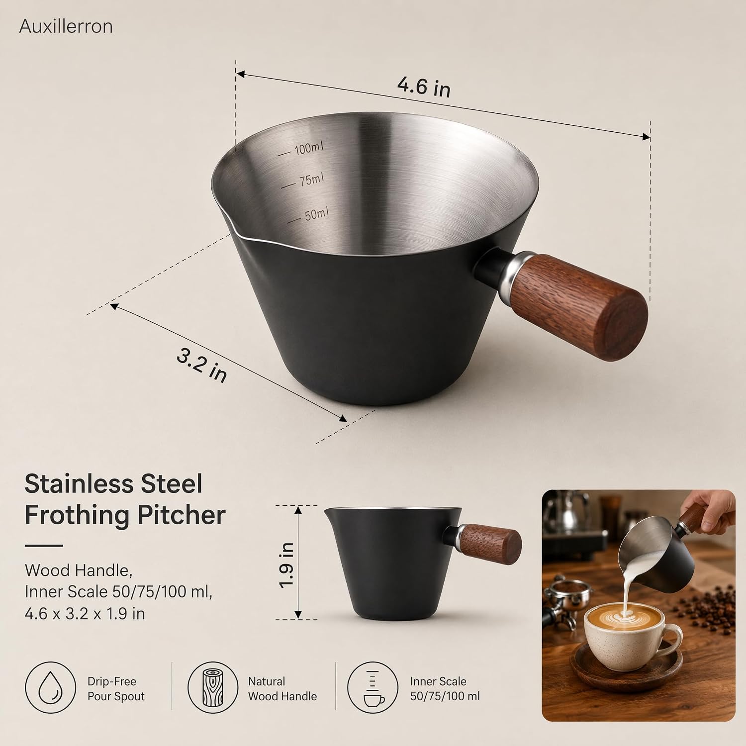Stainless Steel Frothing Cup with Scale and Drip-Free Spout