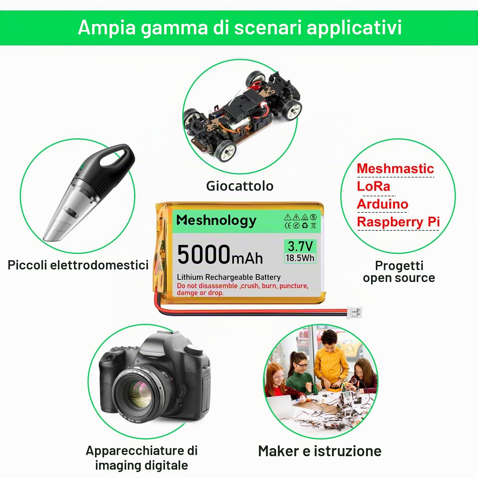 2 PZ 3.7V 5000mAh Li Batteria 105080 con PH 2.0 USB Cavo del Caricatore 1S LiPo Batteria con Bordo di Protezione Isolato Nastro di Gomma per Arduino ESP32 Scheda Modulo Drone RC Auto