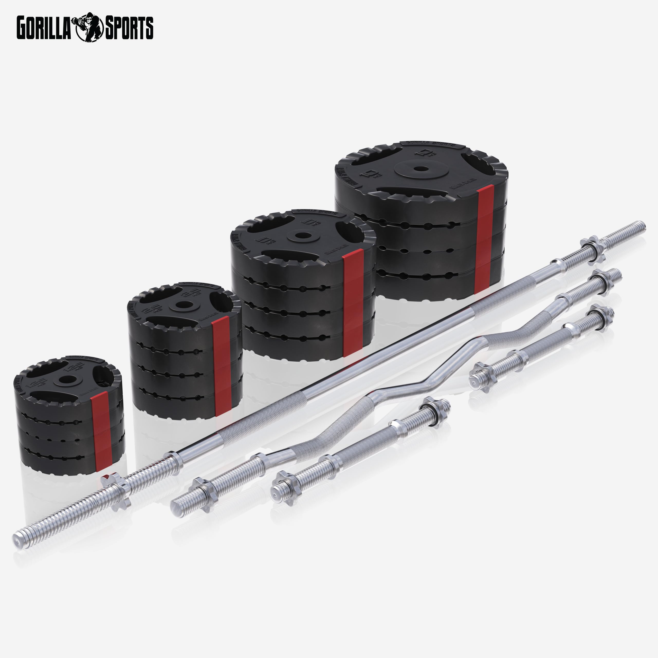 GORILLA SPORTS® Banc de Musculation Multifonction - Kit d'Haltères 100kg, à Tapis de Protection Sol, Curl Pult, Support Barre, Réglable - Banc Haltérophilie, Pliable, Set Entraînement Complet, Fitness