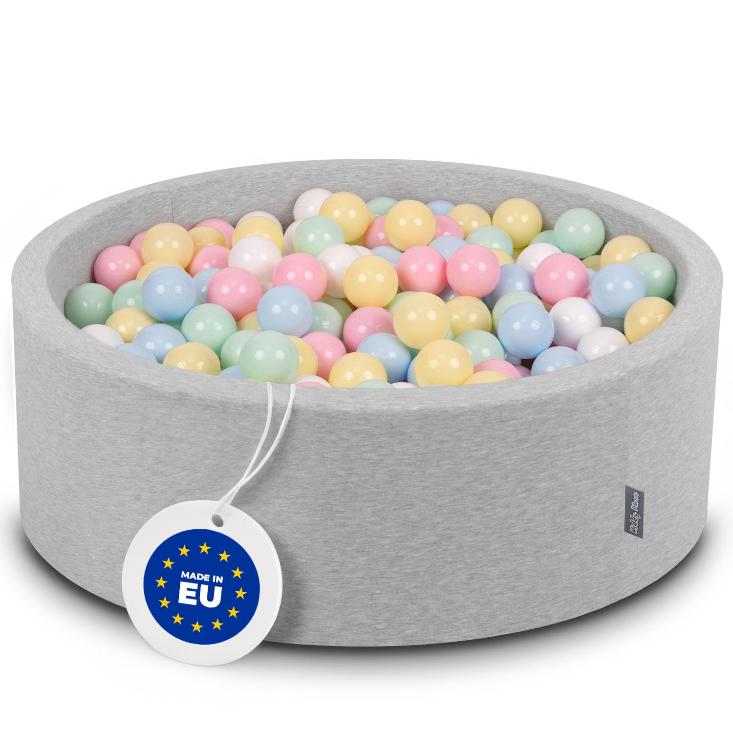 KiddyMoon 90X30cm/300 Balls ∅ 7Cm / 2.75In Baby Foam Ball Pit Made In EU, Light Grey:Pastel Blue/Pastel Yellow/White/Mint/Light Pink — image 1