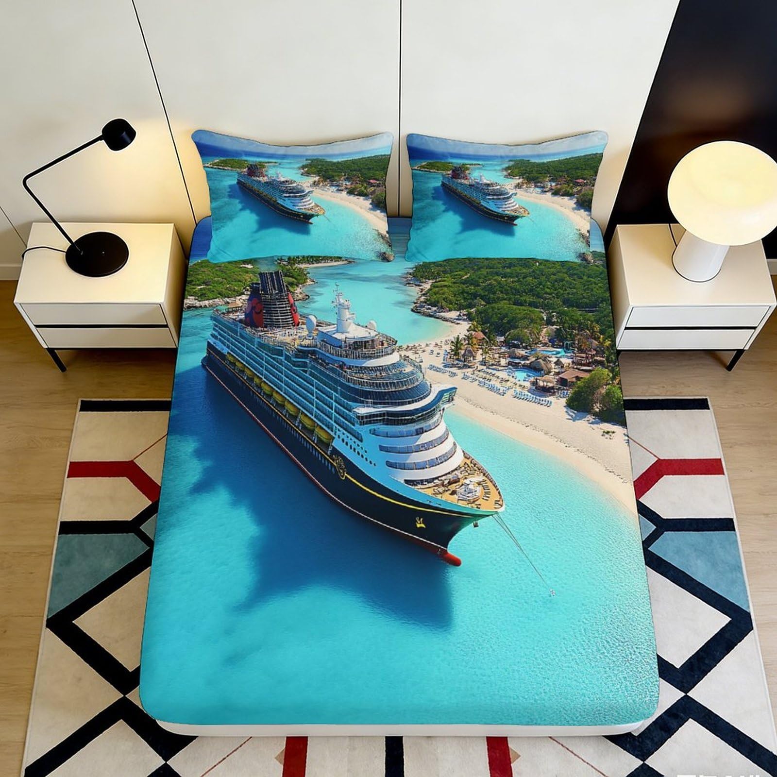 3D Printed Cruise Ship Ocean Fitted Sheet Microfiber Soft Mattress Cover for Bedroom Guest Room Decor 90x200x25cm