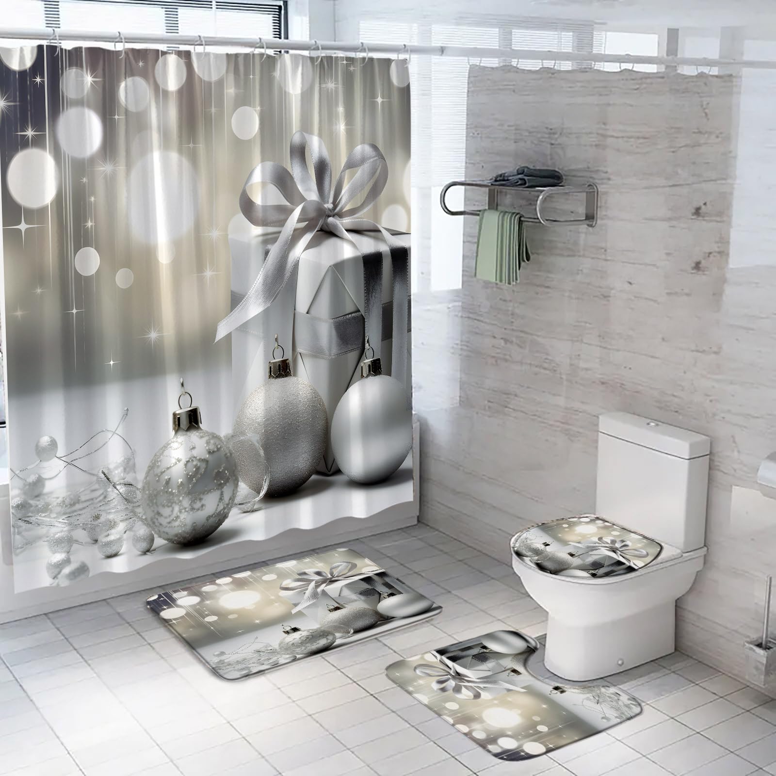 Ensemble de 4 Rideaux de Douche Joyeux Noël avec Tapis, Housse d'abattant de Toilette et Tapis, Ensemble de Rideaux de Douche de Salle de Bain avec Crochets et Boules de Noël et Bonne année