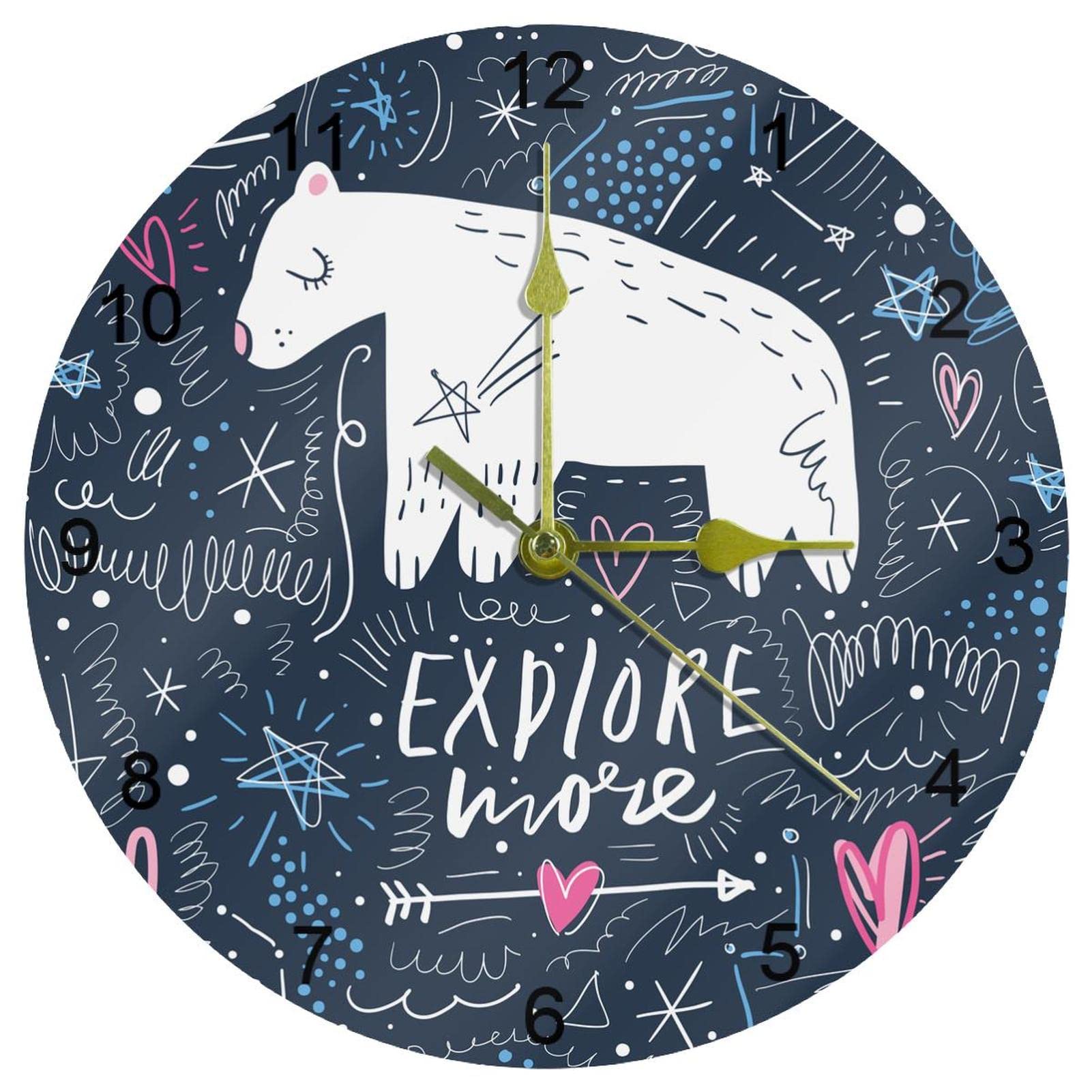 Horloge murale à quartz silencieuse de 25cm sans tic-tac avec motif ours polaire pour la cuisine