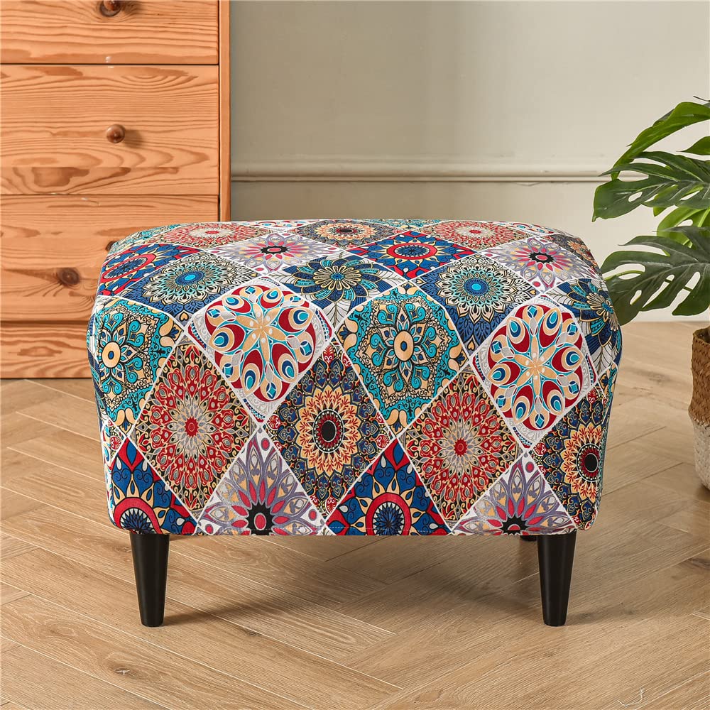 Highdi Mandala Luxury Floral Stretch Ottoman Rectangle Footstool Slipcover With Elastic Bottom, Removable Washable Pouffe Cover Footrest Stool For Living Room Bedroom (Mandala)
