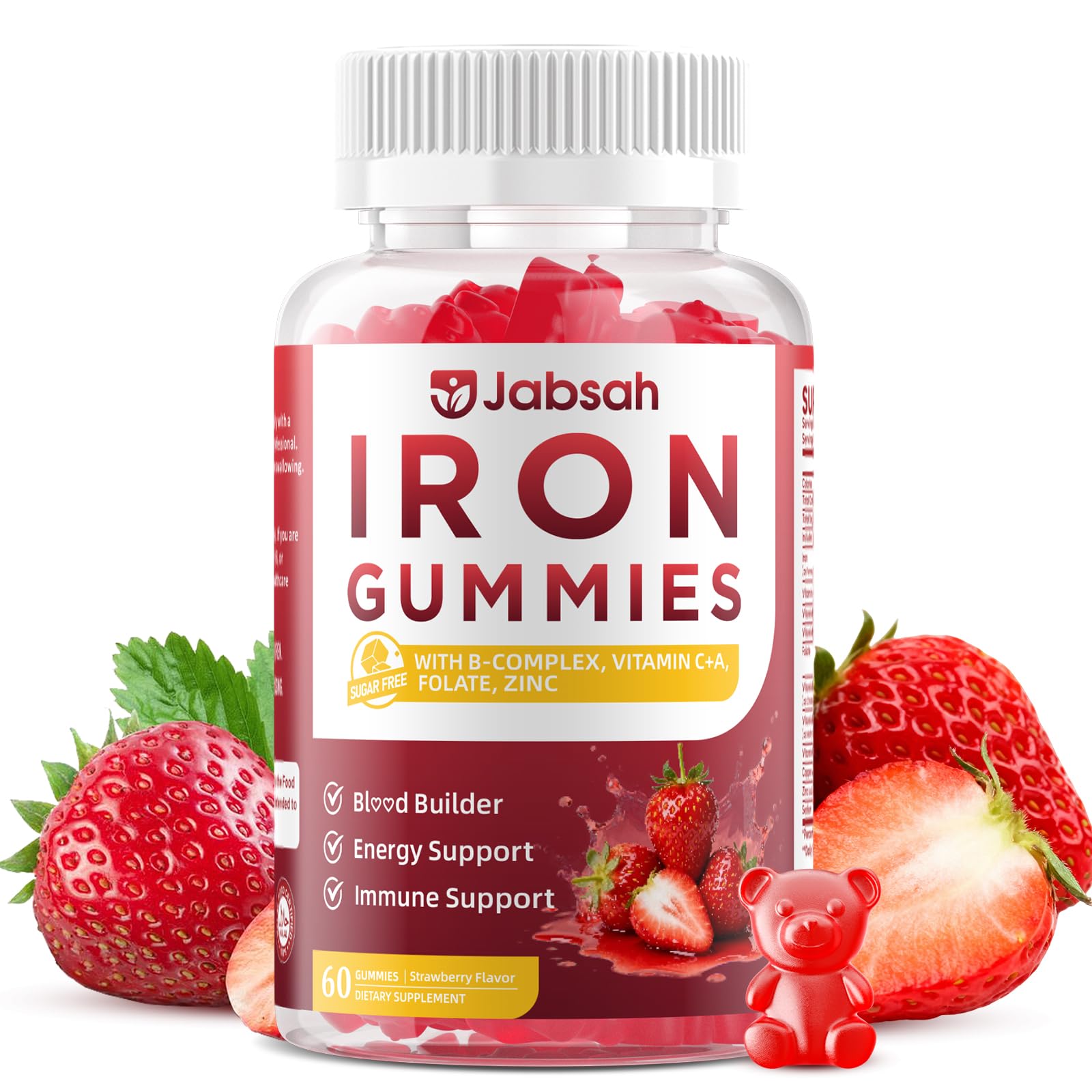 Vegan Iron Gummies for Women & Men, Iron Supplement with B-Complex, Vitamin C, A, Folate for Adults & Kids - Blood Builder & Energy Support & Immune Health - Strawberry Flavor, 60 Gummies 60 Count (Pack of 1)
