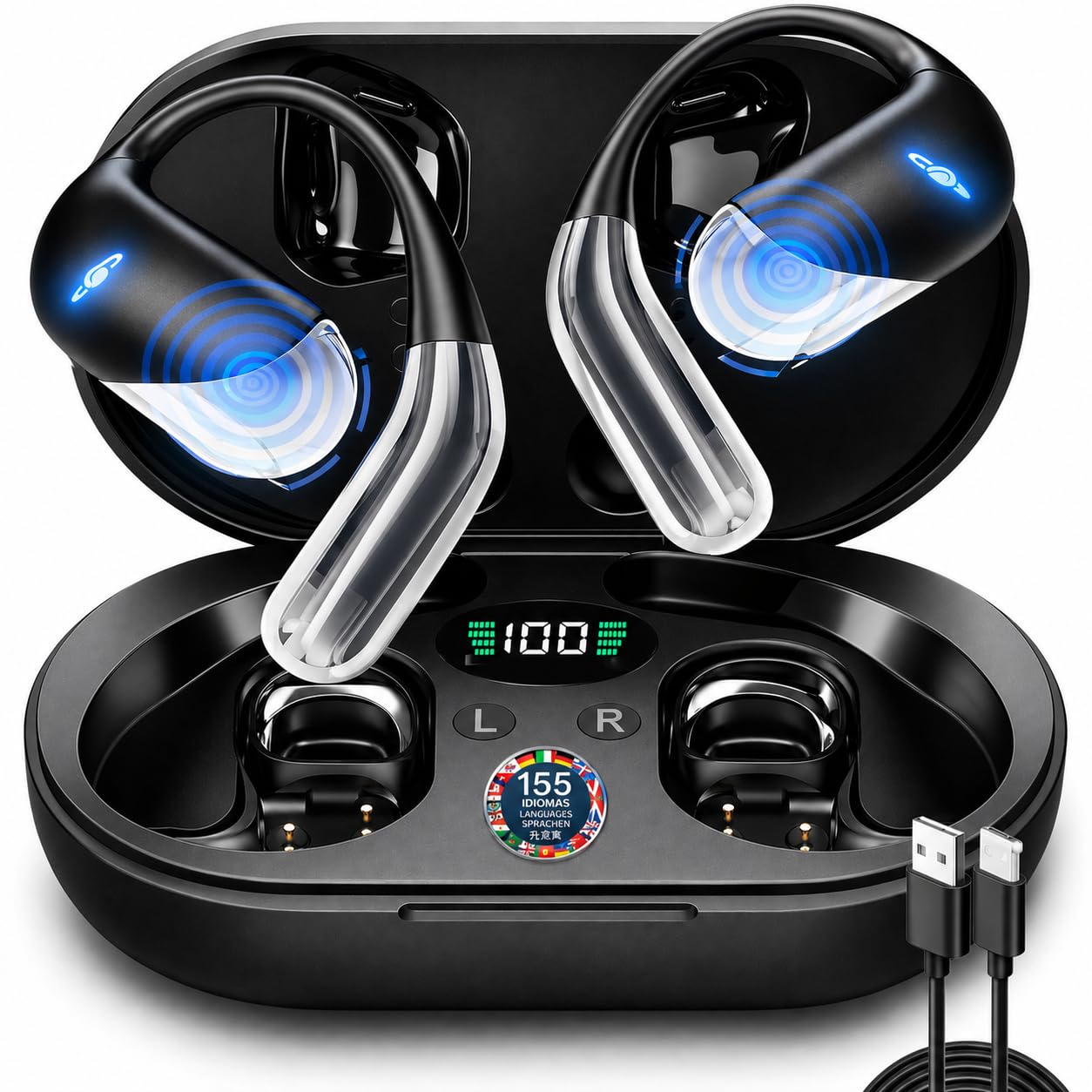 VIPA - Auriculares Traductor en Tiempo Real con IA - Traductor Instantáneo de Voz en 144 Idiomas - Dispositivo traductor de oído Abierto 3 en 1 con Estuche de Carga para Viajes/Negocios/Aprendizaje.