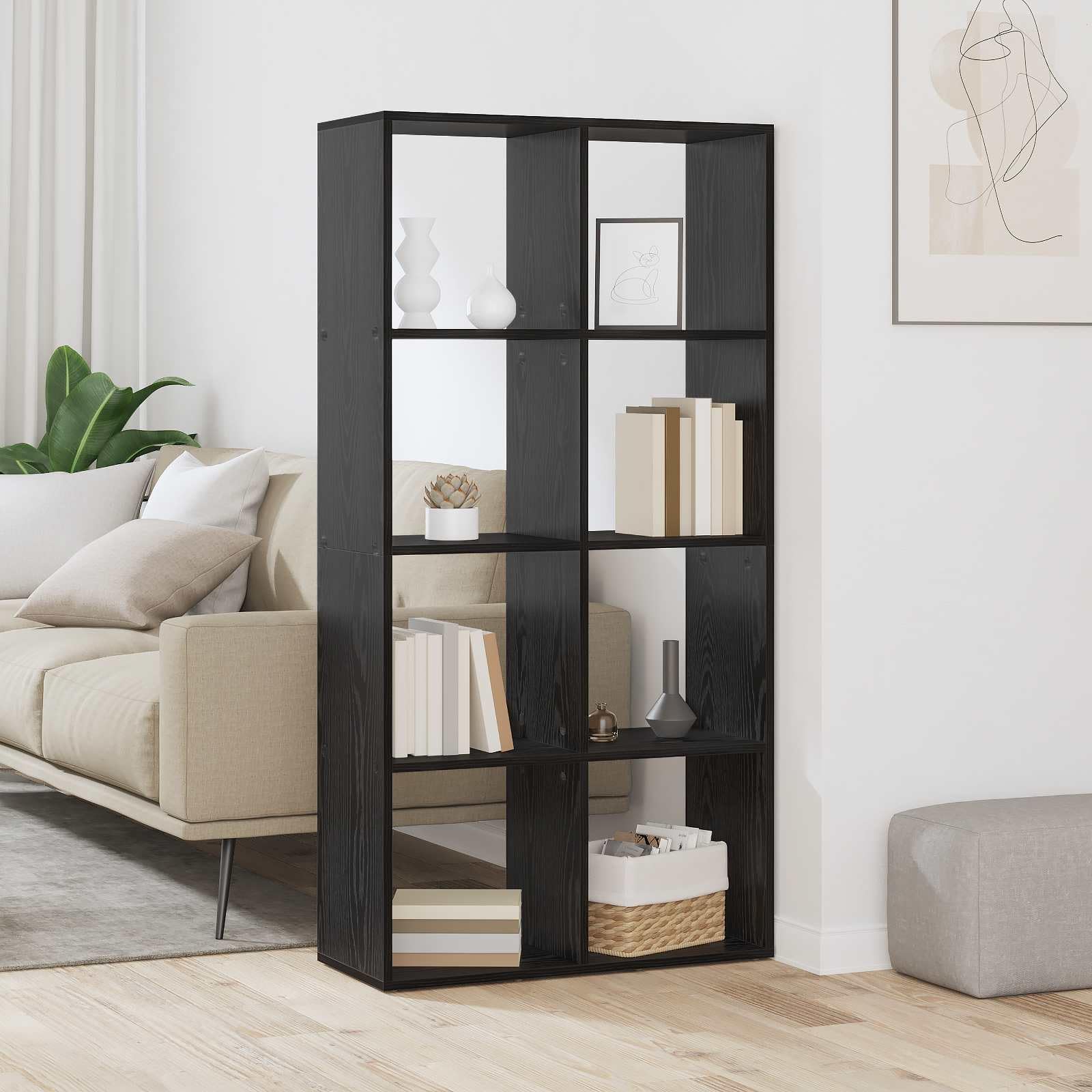 Bibliothèque chêne Noir en Bois d ingénierie 69,5 x 29 x 137,5 cm avec 8 étagères Compartiments, rayonnage pour Salon Bureau Chambre Rangement Livres, dossiers, CD, DVD, Mangas