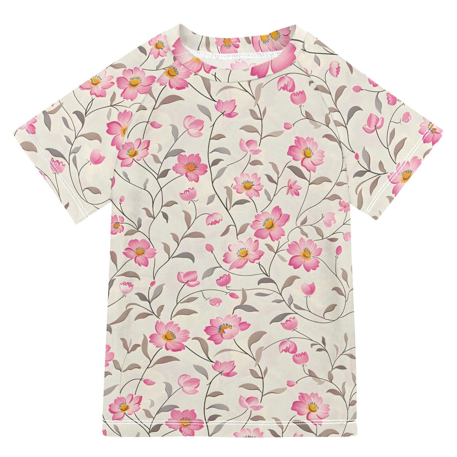 ALAZA Kids Rash Guard Boys Toddler Swim Shirts Short Sleeve Pink Floral Print UPF 50+ 3T