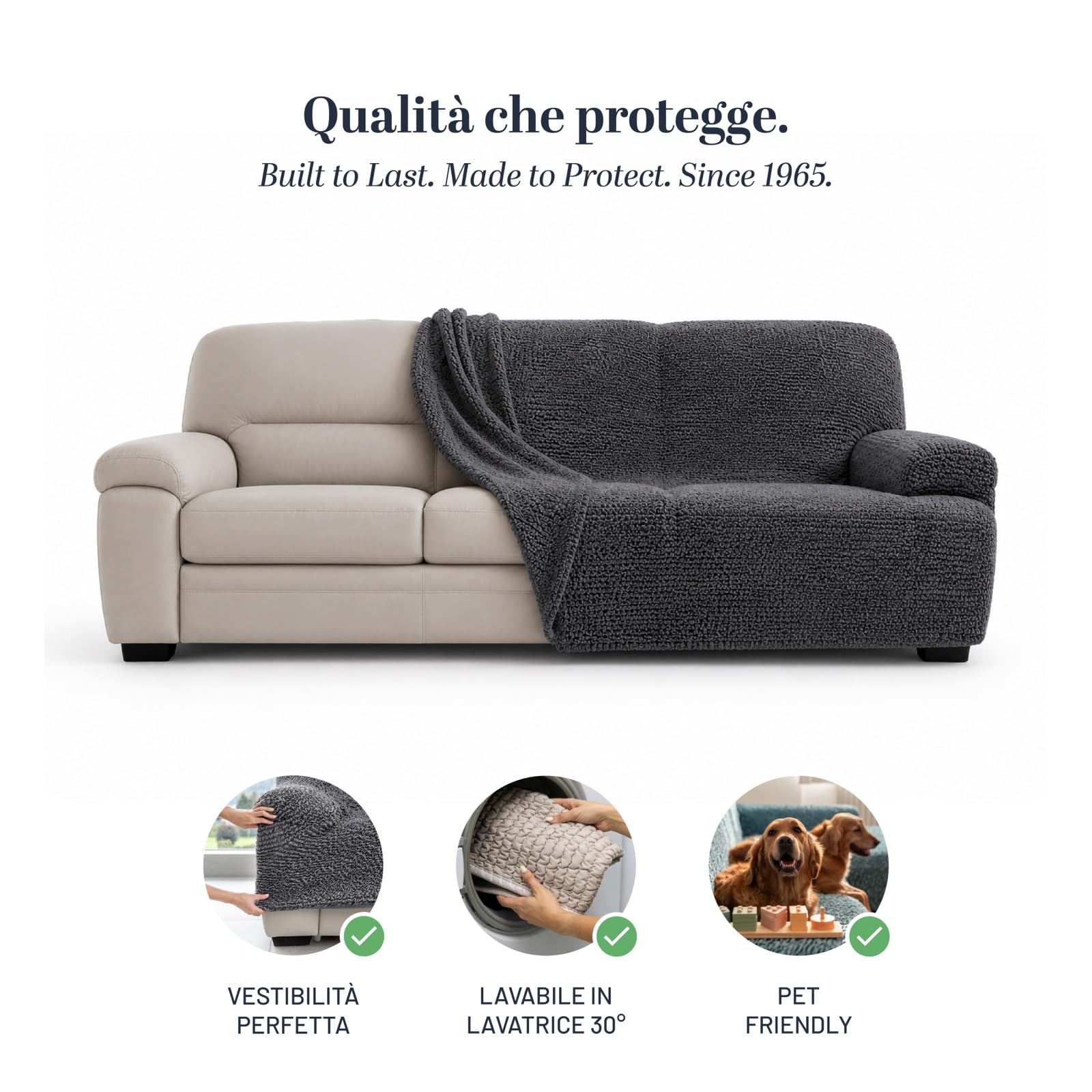 PAULATO - Copridivano 2 Posti in Microfibra Tinta Unita, Tessuto Antigraffio Lavabile in Lavatrice, Tecnologia WavyTech e Certificazione OEKO-TEX, Bianco - Made in Italy