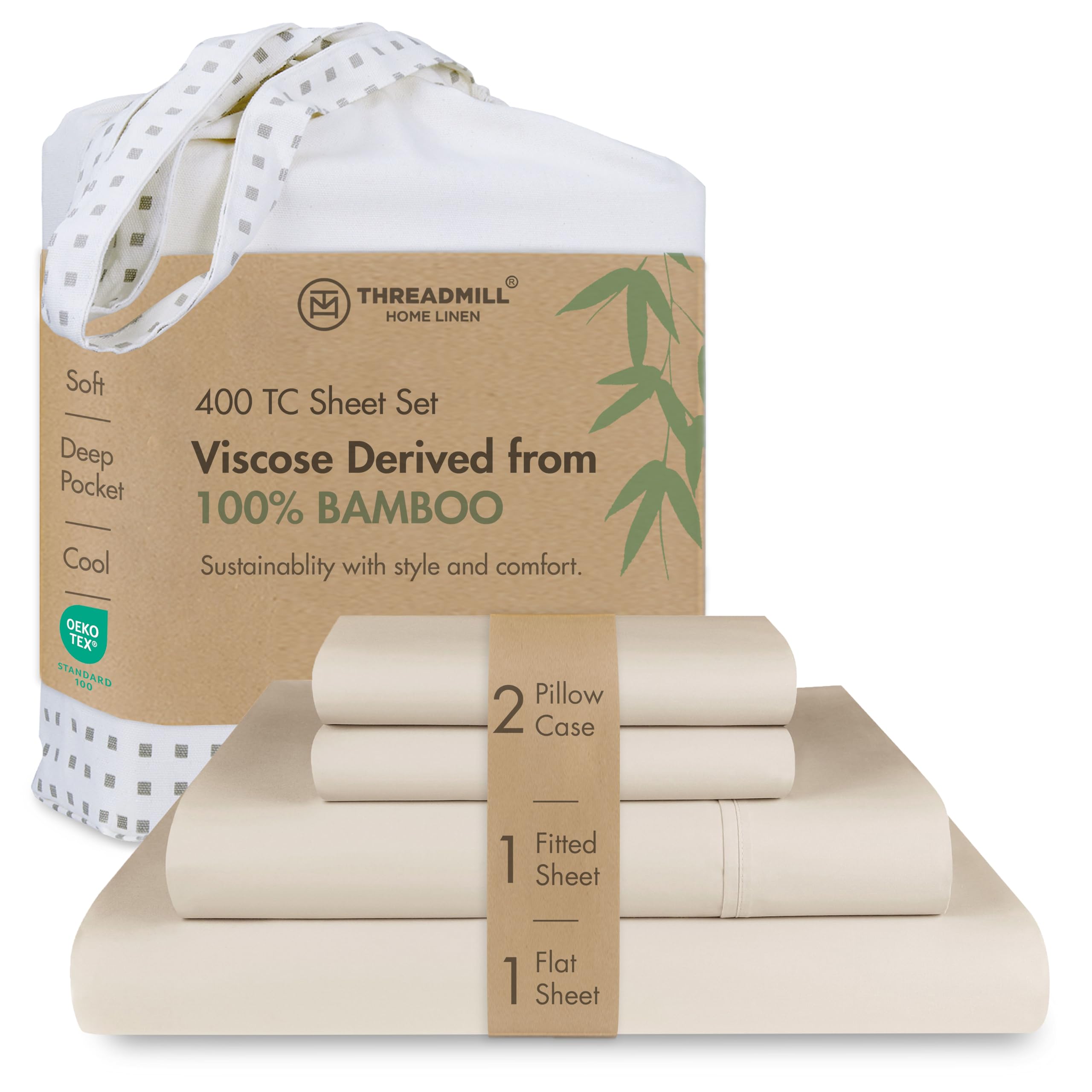 Threadmill Luxury Viscose Made from Bamboo Sheets Queen Size Temperature Regulating Sheets for Queen Mattress Breathable Cooling Deep
