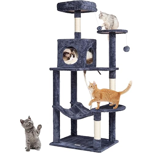 VEVOR Cat Tree for Indoor Cats, 56.2" Cat Tower with Cat Condo, Sisal Scratching Post, Hammock, Top Perch, Jumping Platforms, Large Cat House with Hang Ball, Cat Furniture Activity Center, Dark Grey