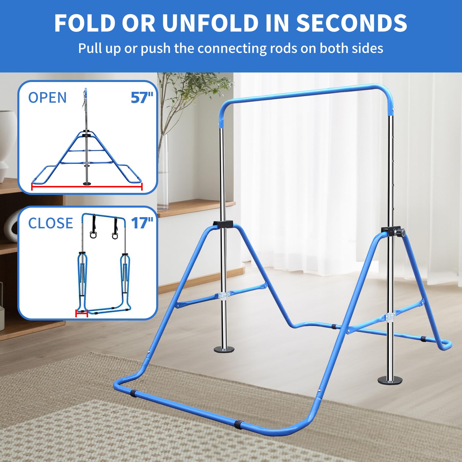 ICSPOID Gymnastic Bars for Kids with Attachable Rings, Height Adjustable Junior Training Horizontal Bars, Foldable Gymnastic Training Kip Bar for Home (Blue)