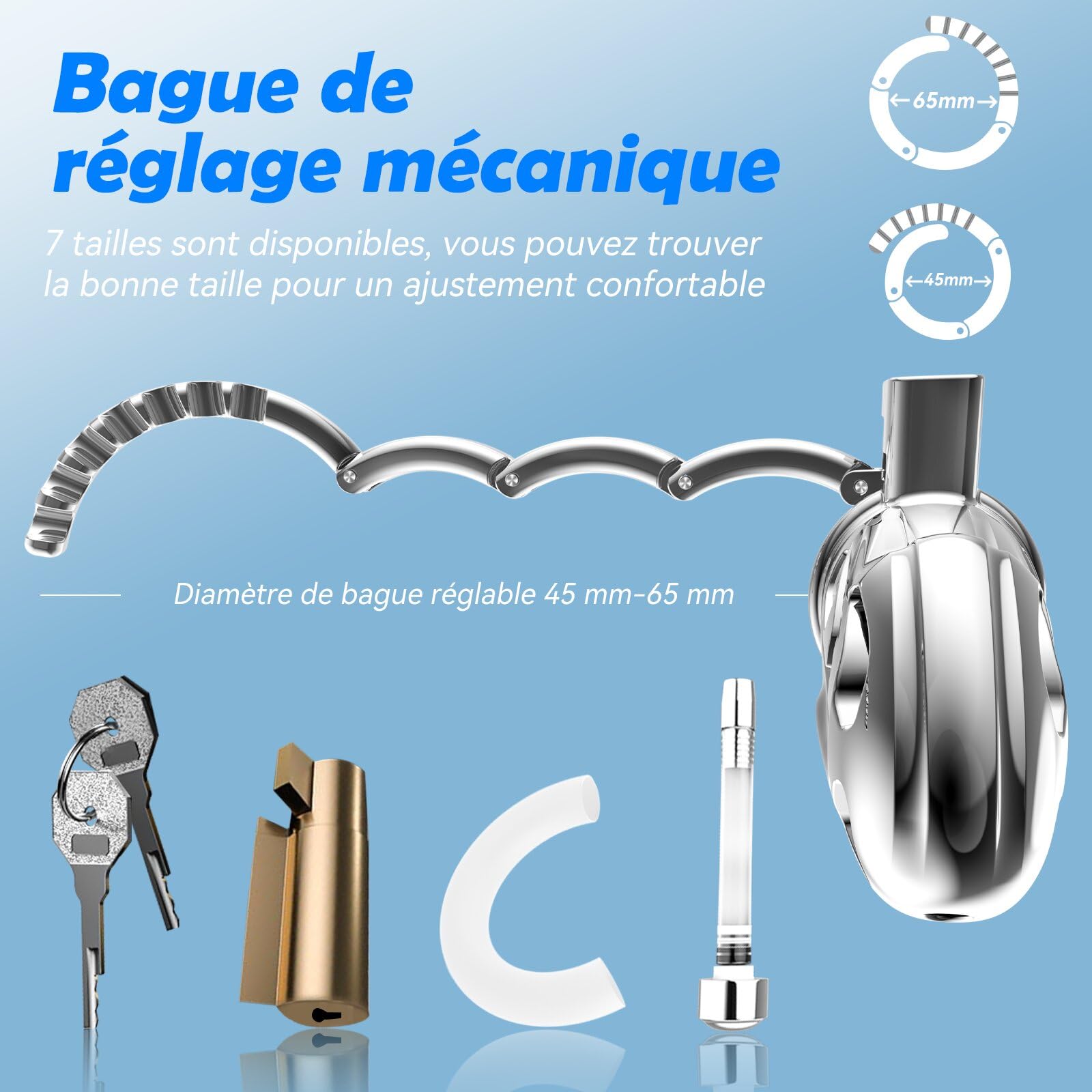 Cage de chasteté pour homme - Jouet sexuel pour adulte - Himitsuna grande cage légère avec cathéter urétral souple et 7 tailles réglables - Cage à pénis avec serrure BDSM Bondage
