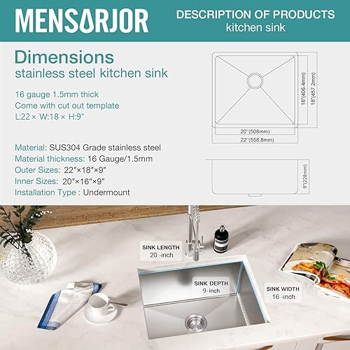Miniatura 4 de MENSARJOR - Fregadero de cocina de acero inoxidable de calibre 16, para fregadero de cocina, bar o fregadero de preparación, 32'' x 19''