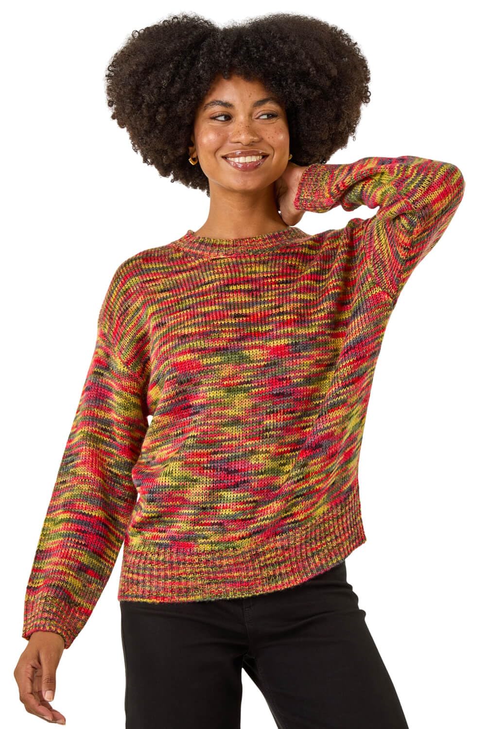 Roman Originals Women's Green Multi Thick Jumper For Uk - Winter Autumn Smart Casual Knit Knitted Knitwear Pull-On Round Crew Neck Long Sleeve Work Office Dinner Party