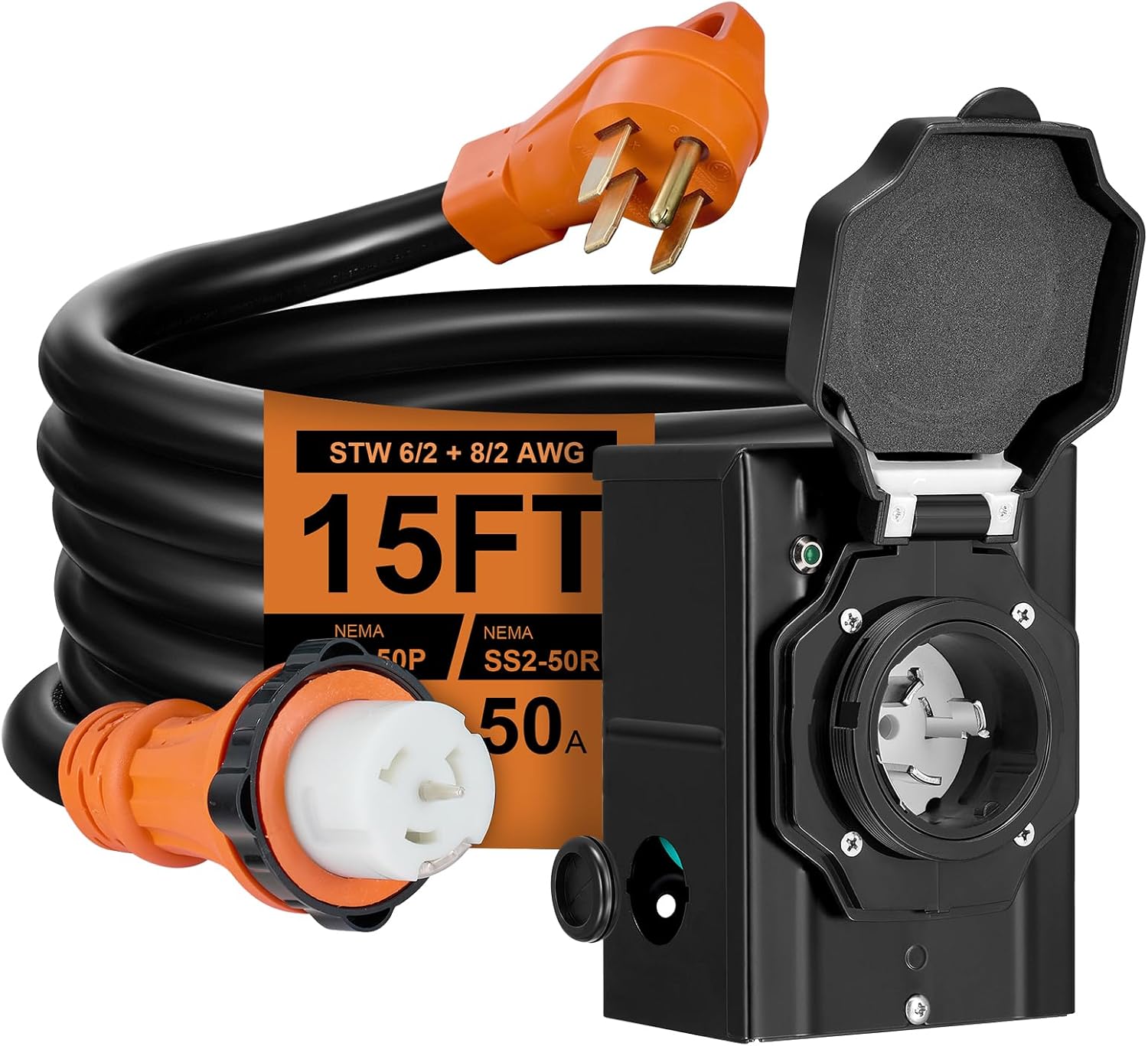15FT 50 Amp Generator Cord with Pre-Drilled Power Inlet Box,Heavy Duty Generator Power Cord 4 Prong,125/250V,NEMA 14-50P Male to SS2-50R & CS6364,Waterproof,ETL Listed,Home/RV Power Supply