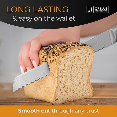 Miniatura 2 de Orblue Cuchillo de pan dentado, cortador de pan de acero inoxidable ultra afilado de grado profesional, corta panes gruesos sin esfuerzo (hoja de 8