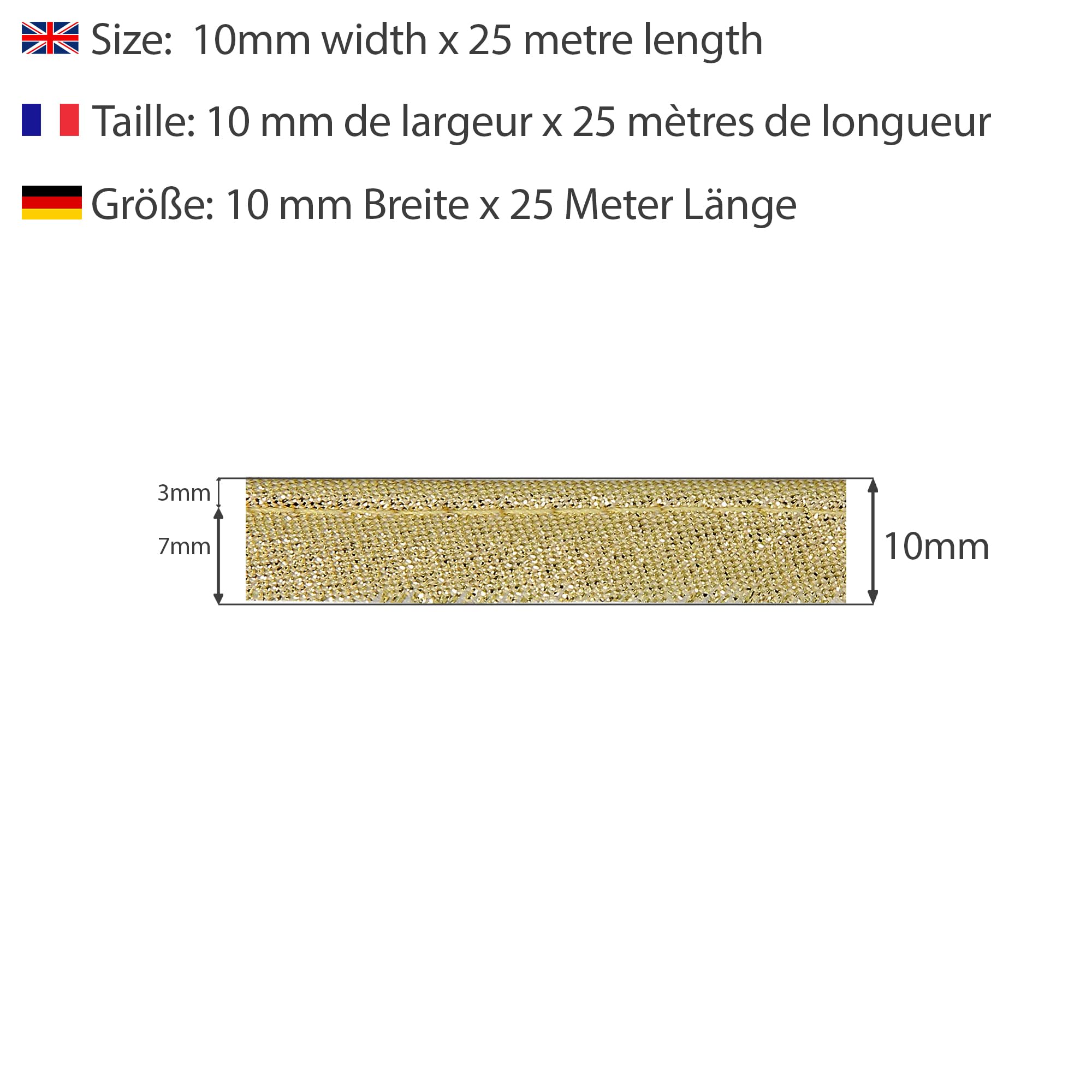 Metallischer Paspelfaden – 10 mm breit, 25 m Rolle, 80% Polyester, 20% Lurex, Kanten zum Nähen, Banner, Polster, Möbel, Paspeln, Kleidung, Decken, Gold